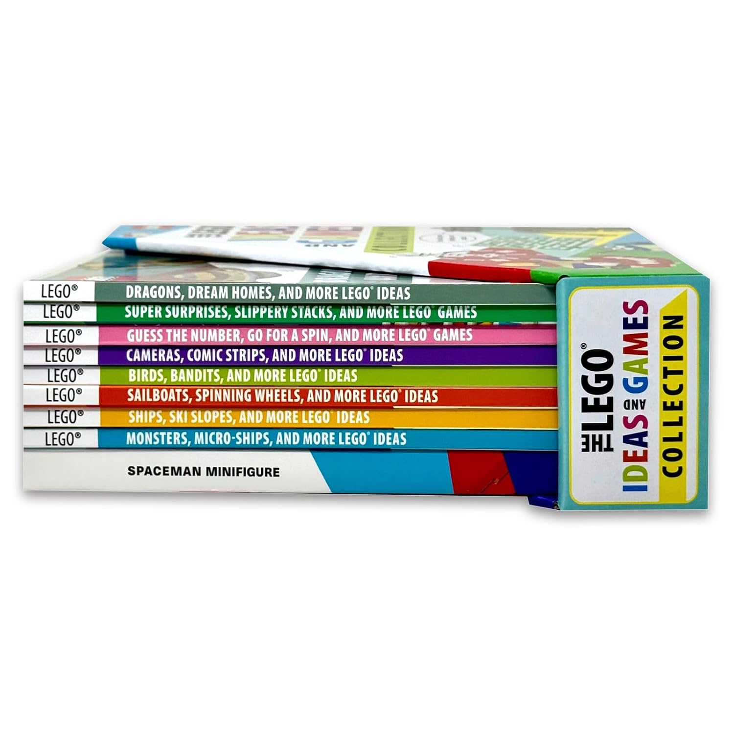 LEGO Ideas and Games Collection 8 book set spread showing Super Surprises Slippery Stacks booklet