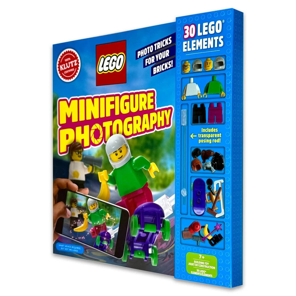 Back cover of LEGO Minifigure Photography Klutz activity book showing LEGO minifigure photo tricks