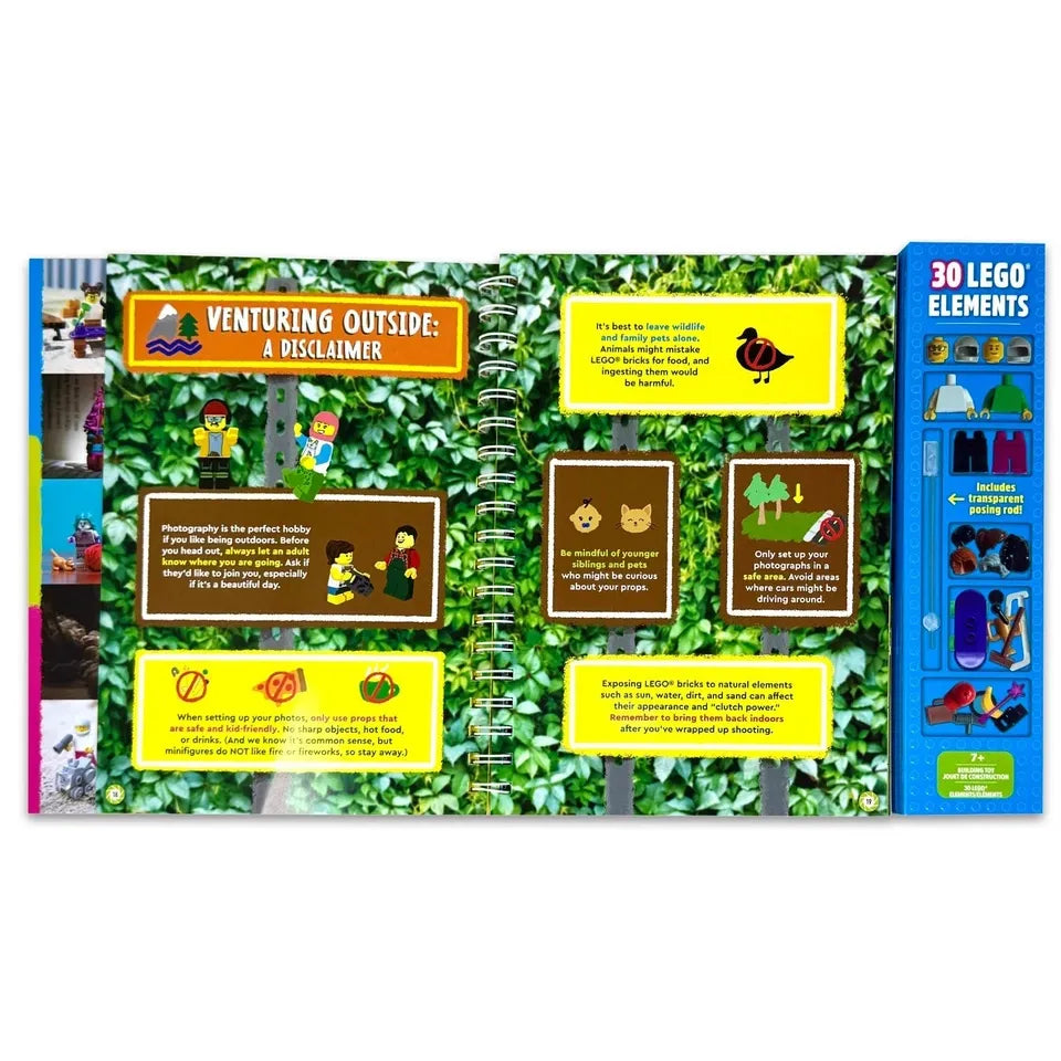 Inside pages of LEGO Minifigure Photography Klutz book showing step-by-step photography lessons