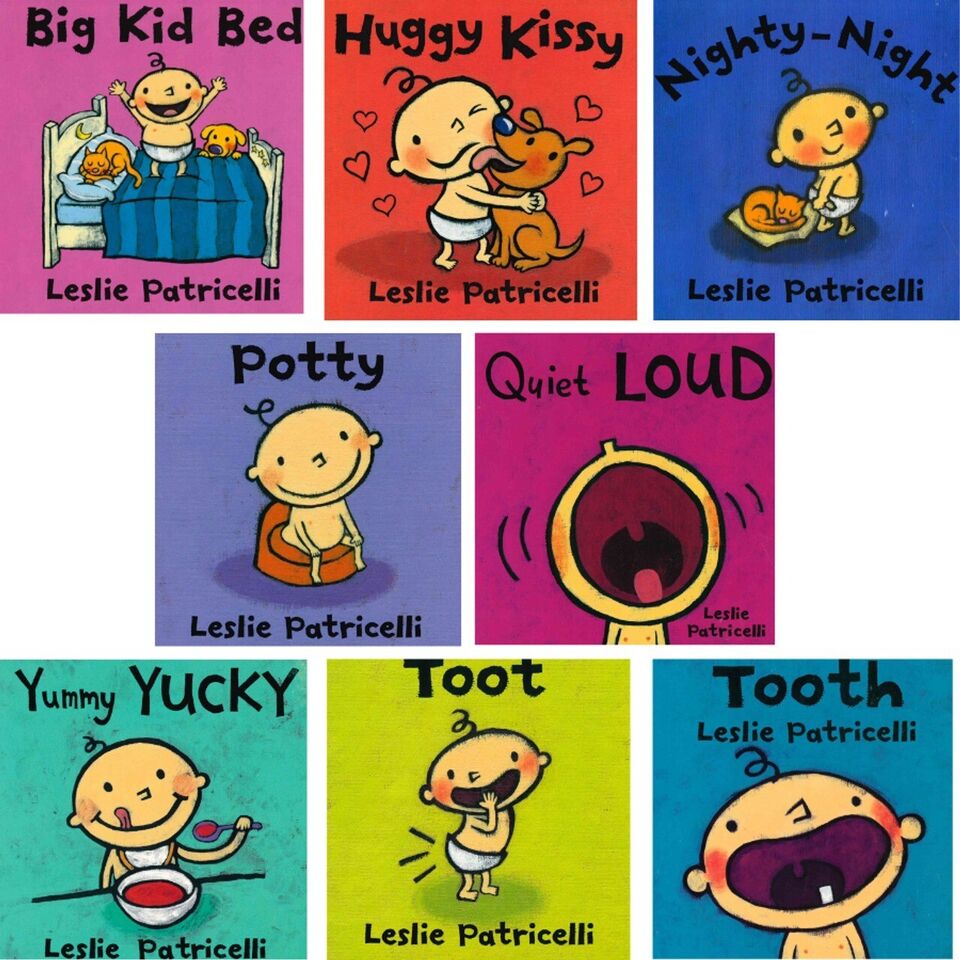 Close up of Leslie Patricelli board books in the Little Library set, brand new UK edition board book format