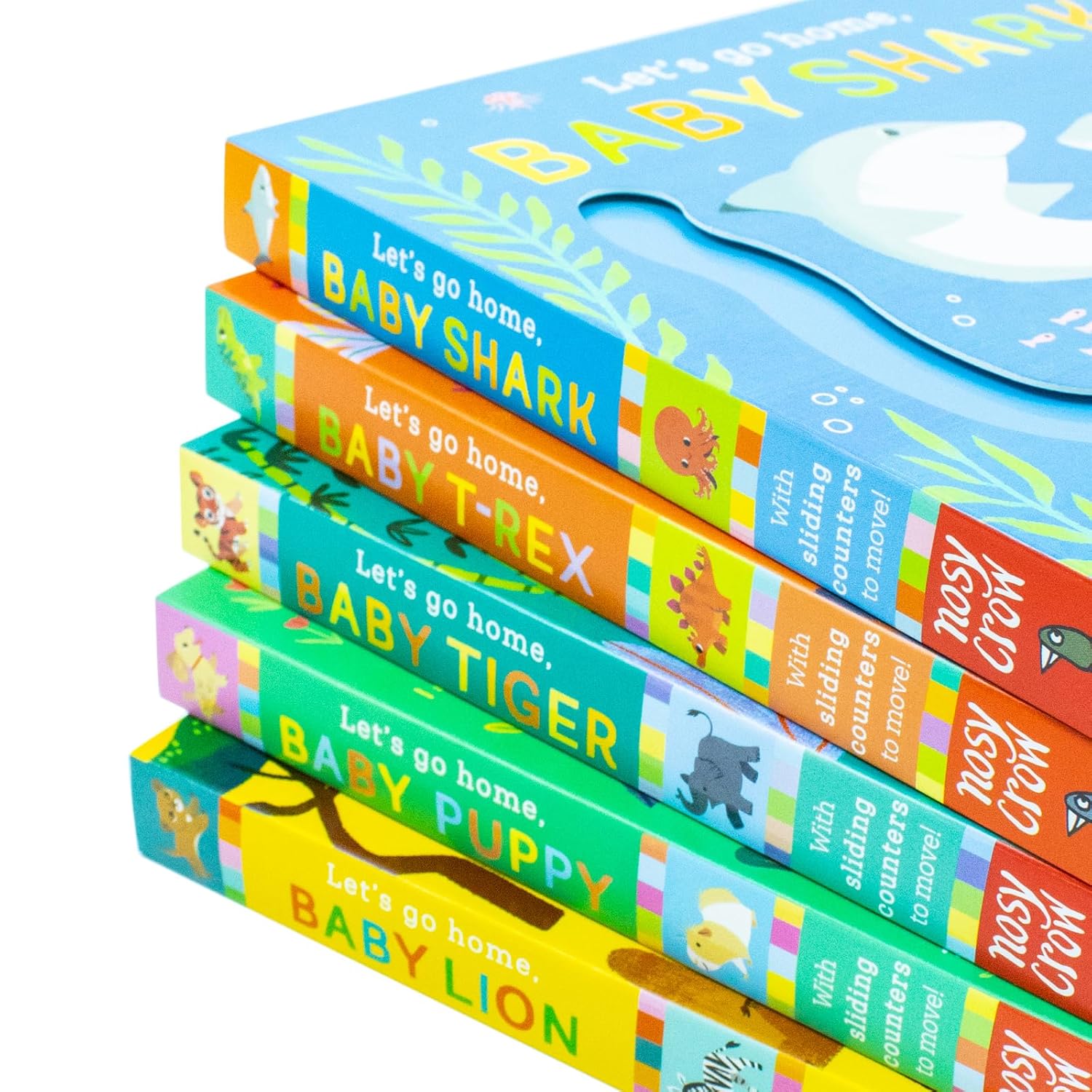 Let's Go Home 5 book set showing sliding-track pages, Carolina Búzio illustrations