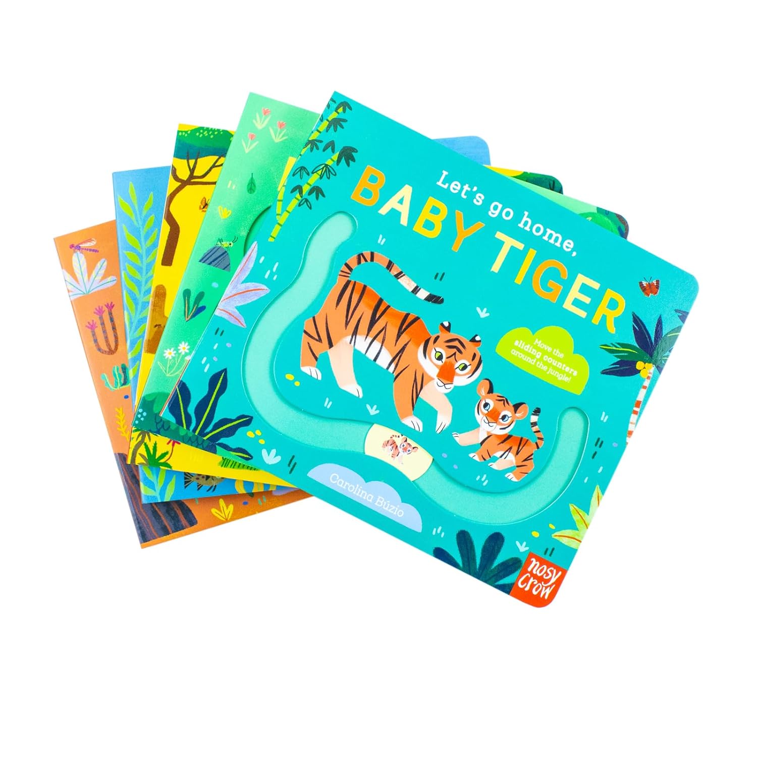 Let's Go Home Baby Shark and Baby T-Rex board books with sliding tracks, Nosy Crow