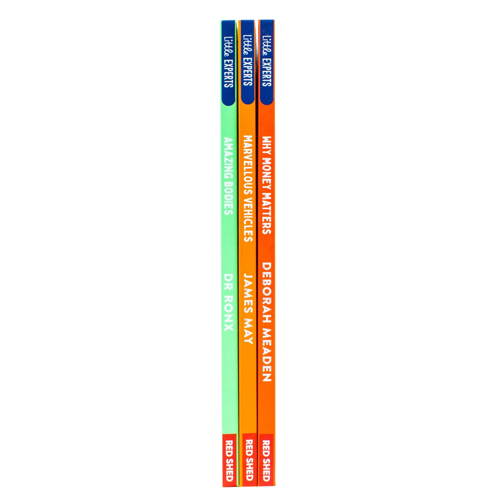 Close up of Little Experts hardback books by James May, Dr Ronx and Deborah Meaden for children ages 6-9