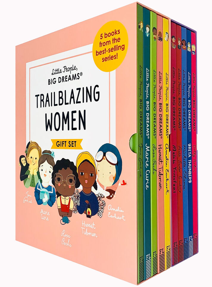 Little People, Big Dreams 10 Books Hardback Set showing Amelia Earhart, Harriet Tubman, Rosa Parks, Marie Curie and Jane Goodall covers