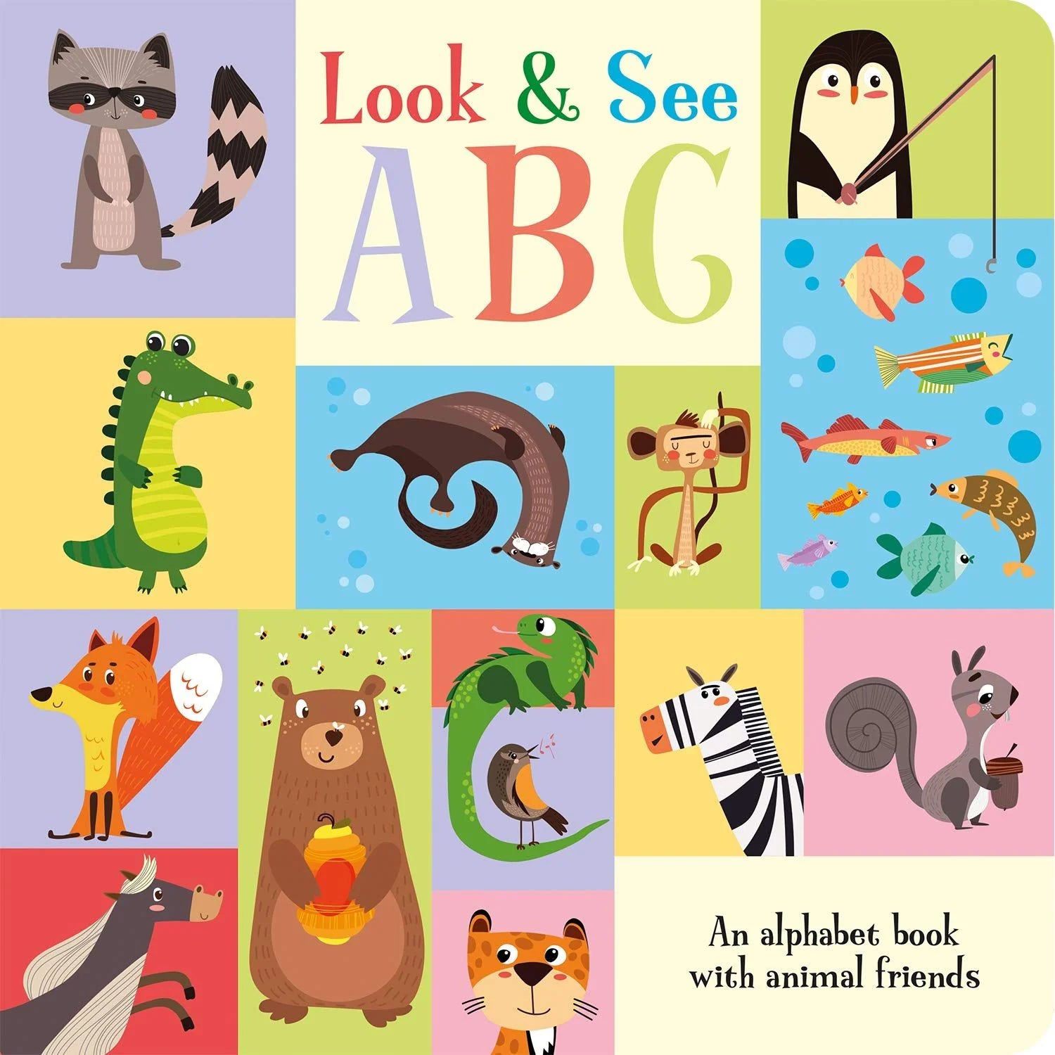 Inside pages of Look and See ABC board book by Amber Lily showing animal alphabet illustrations