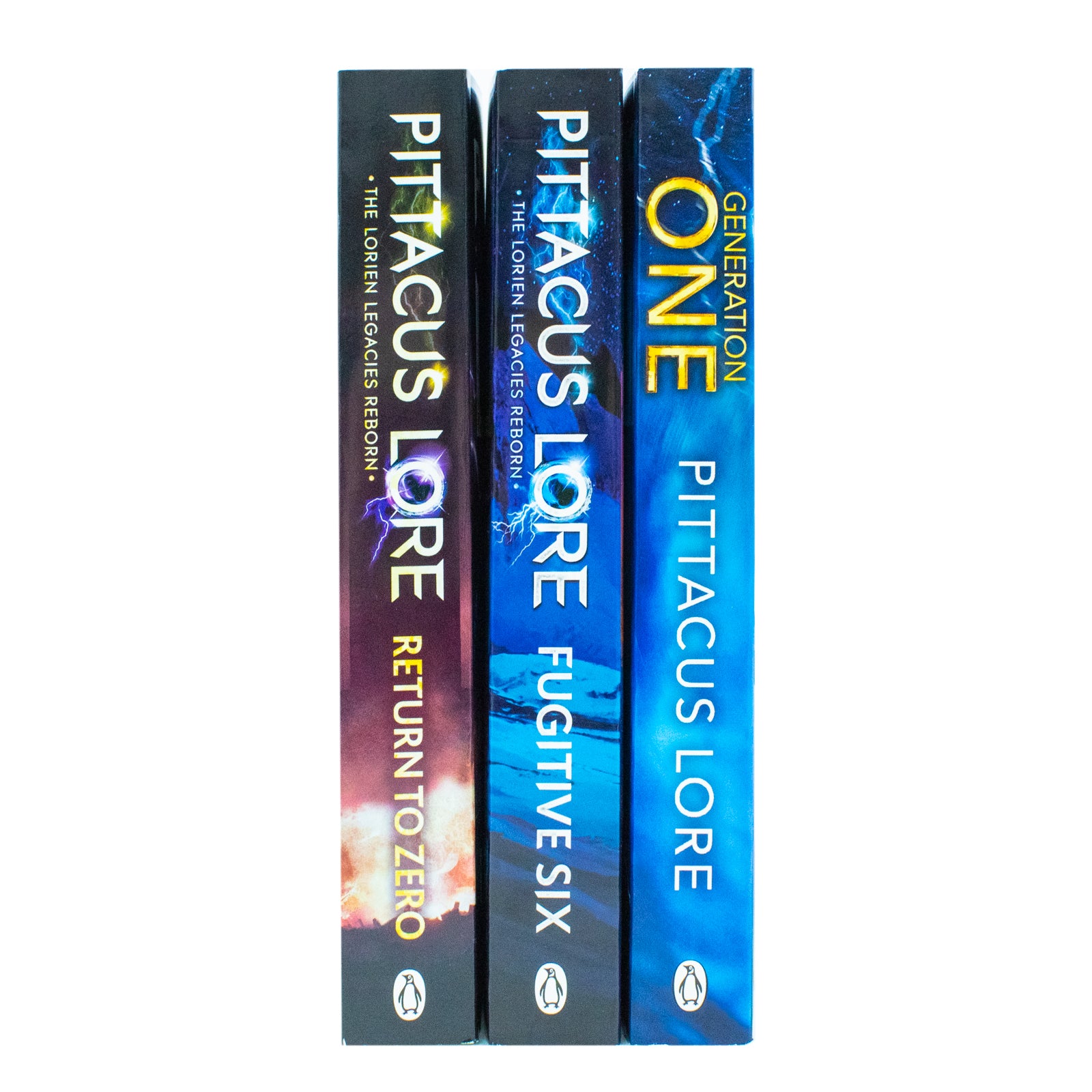 Lorien Legacies Reborn Paperback Trilogy Set by Pittacus Lore - Fugitive Six, Return to Zero, Generation One - Book Covers