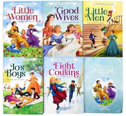 Louisa May Alcott Family Favorites 6 Book Collection Set showing individual paperback titles including Little Women and Eight Cousins