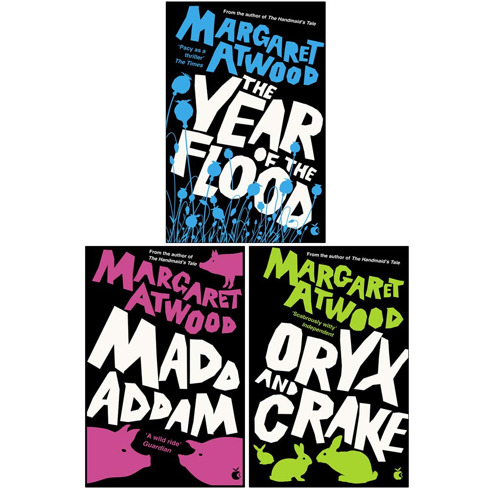 MaddAddam Trilogy by Margaret Atwood paperback book covers - dystopian fiction 3 book set