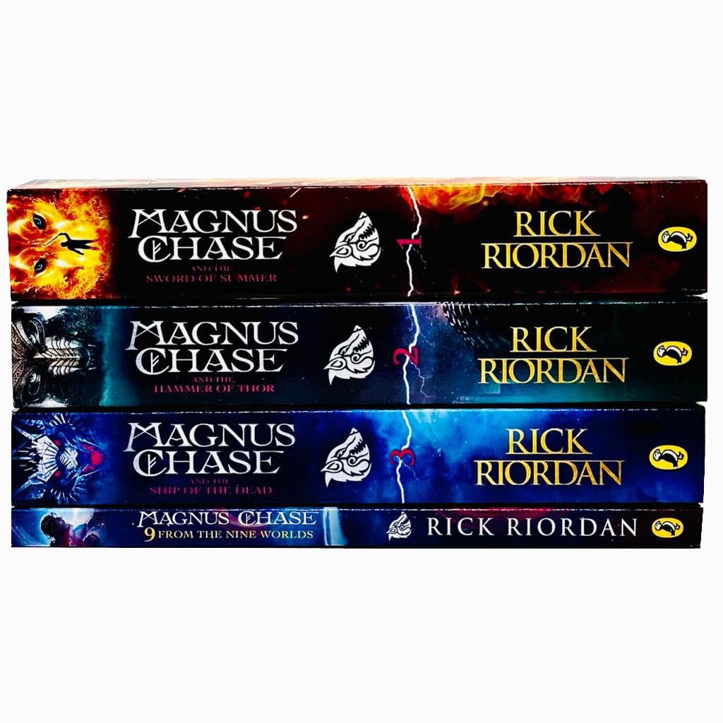 Magnus Chase 4 book paperback set by Rick Riordan showing Sword of Summer, Hammer of Thor, Ship of the Dead and 9 From the Nine Worlds