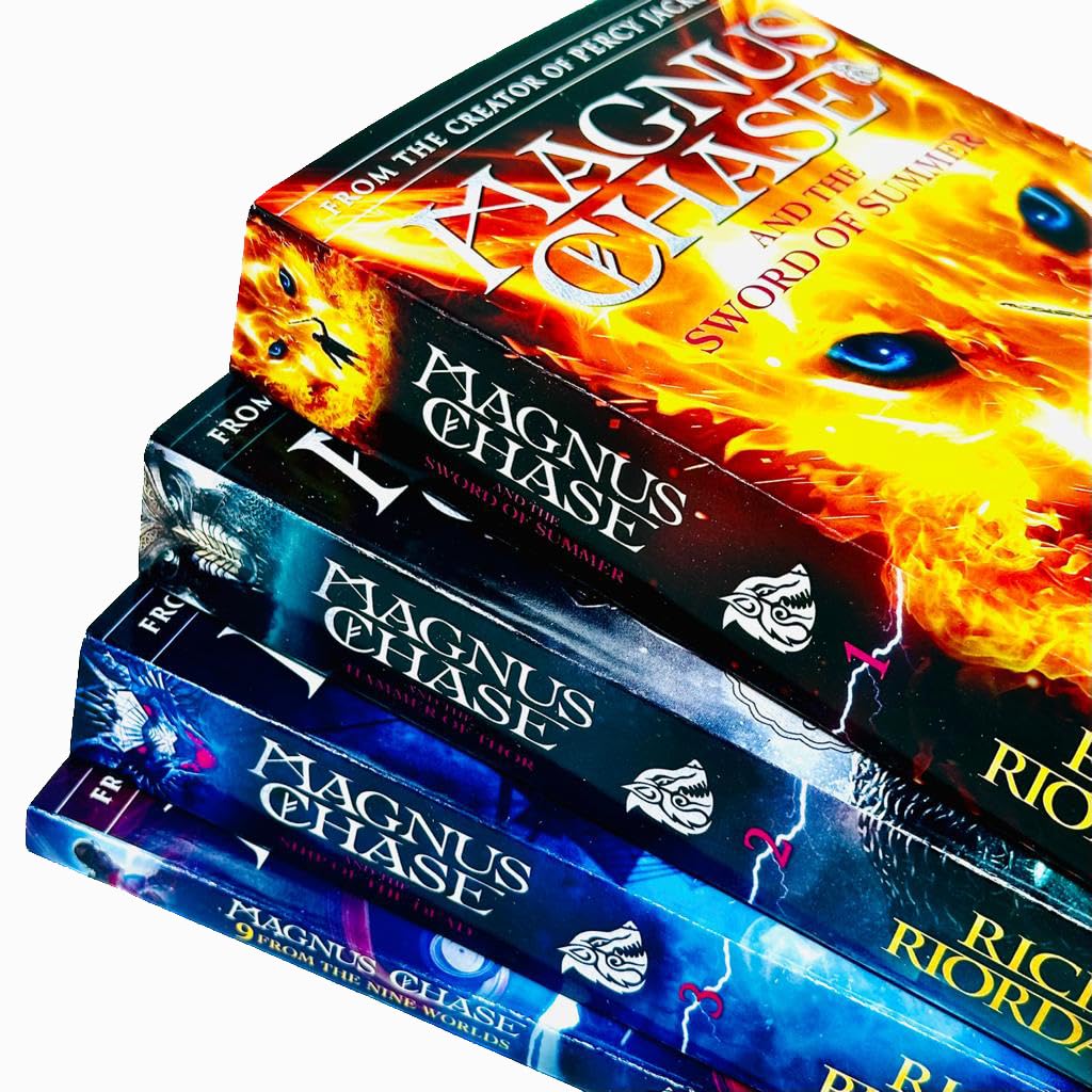 Close up of Magnus Chase and the Gods of Asgard paperback book covers by Rick Riordan