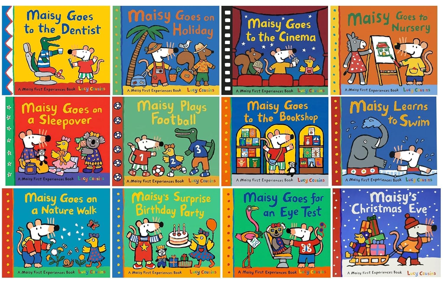 Full set of 24 Maisy First Experiences paperback books by Lucy Cousins including Dentist, Nursery and Sleepover titles