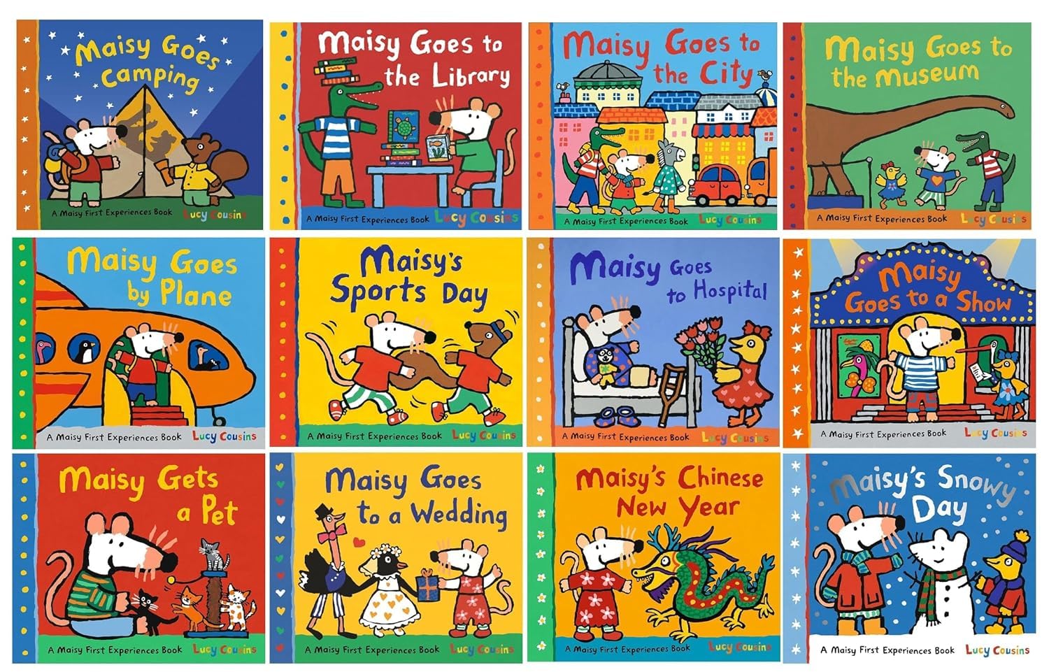 Close-up of individual Maisy Mouse First Experiences book covers from the 24 book paperback collection set