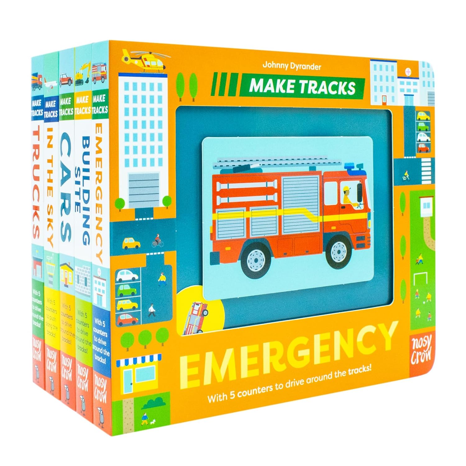 Make Tracks Series 5 Books Collection Set by Johnny Dyrander - Emergency, Building Site, Cars, In the Sky, Trucks - Board Book set for ages 2-5