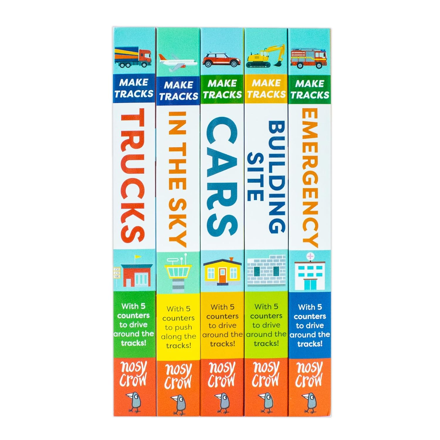 Make Tracks board books interior showing sliding vehicle tracks and first-word vocabulary for toddlers