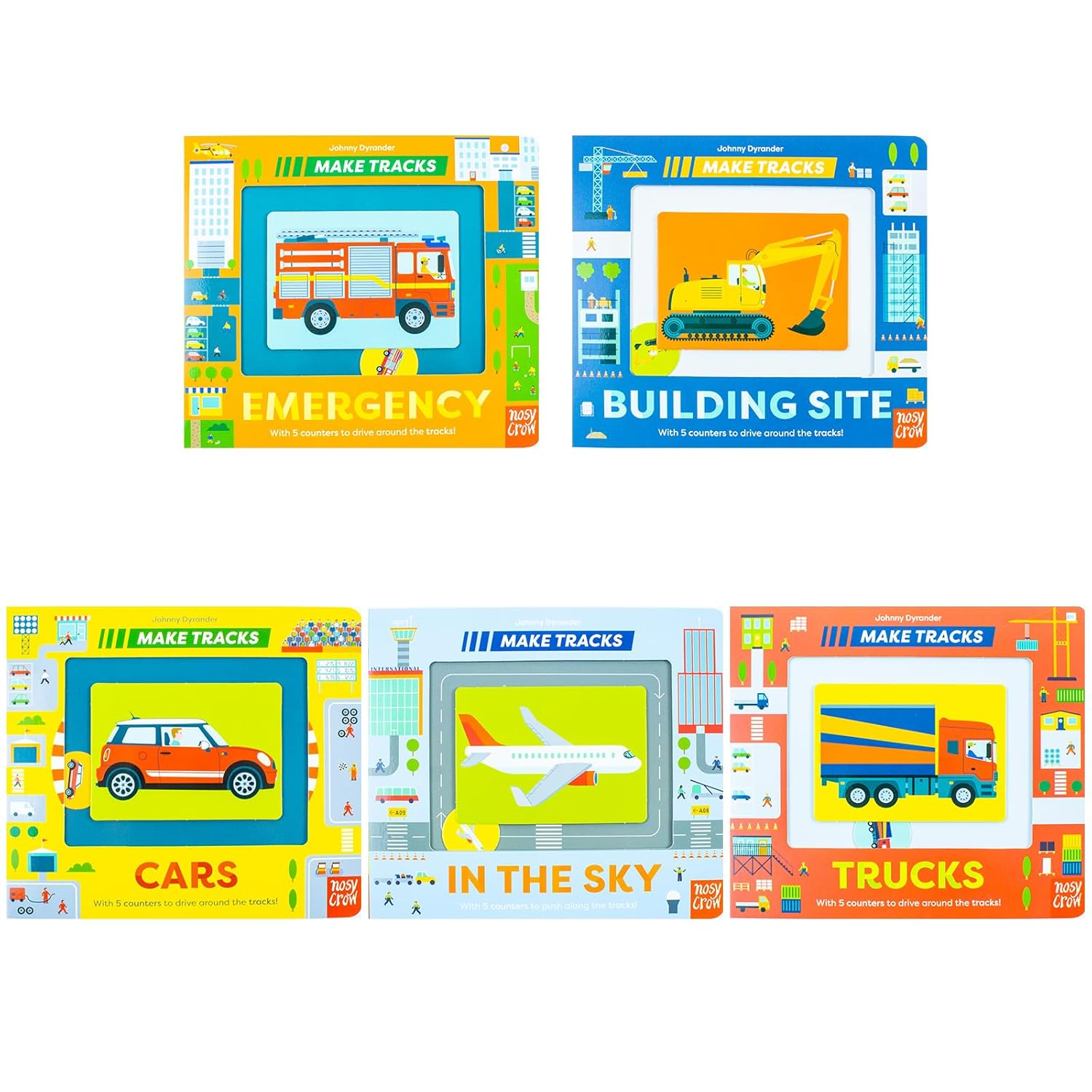 Make Tracks Trucks board book with sliding counter from the 5 book collection set by Johnny Dyrander