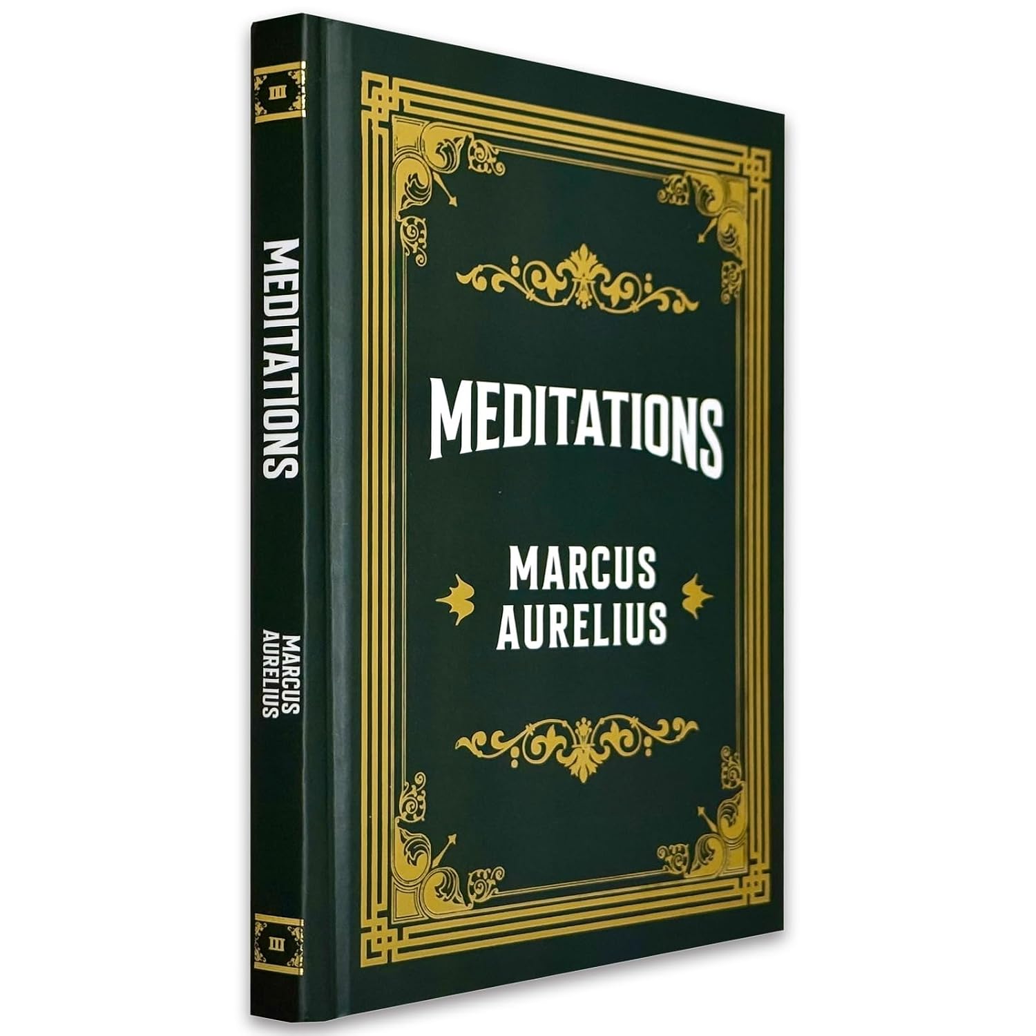 Meditations by Marcus Aurelius hardcover book, back cover with blurb