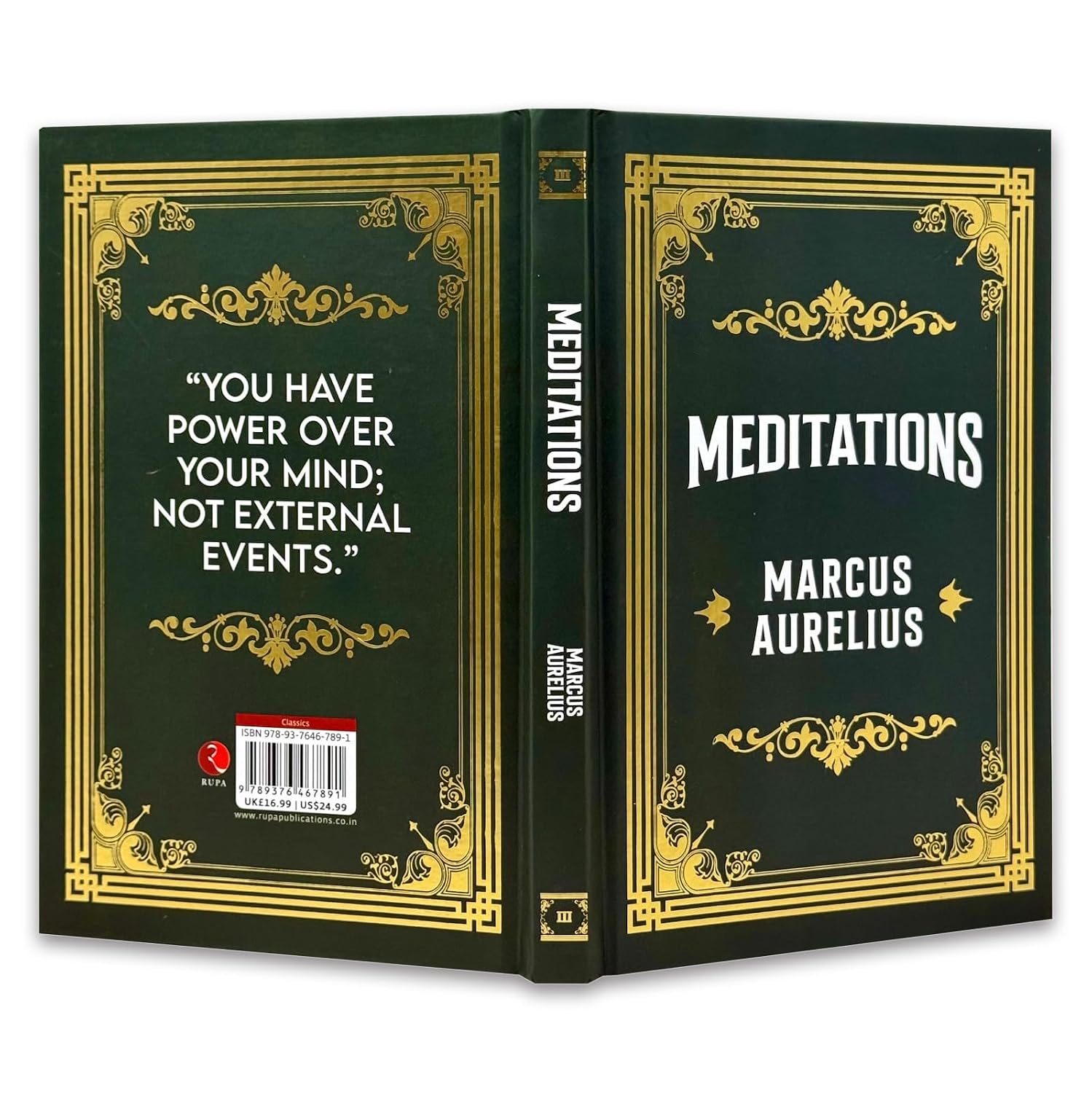 Meditations by Marcus Aurelius hardcover, inside pages of Stoic philosophy text