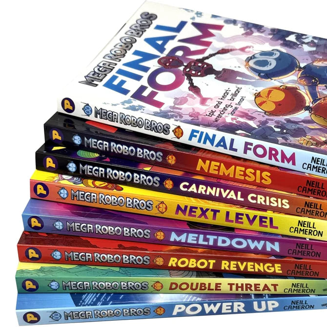 Mega Robo Bros 8 book box set covers by Neill Cameron - robot adventure comics for kids