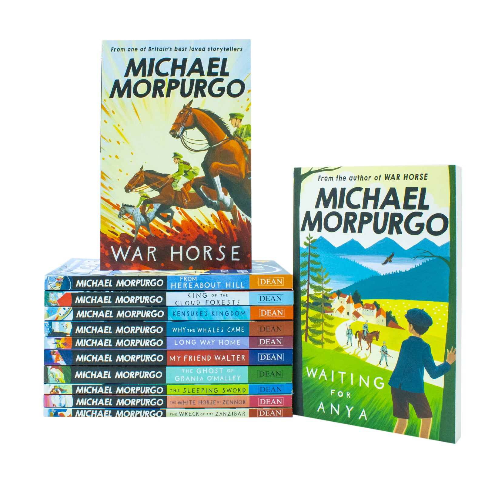 Close up of Michael Morpurgo paperback book covers from the 12 Books Collection Set