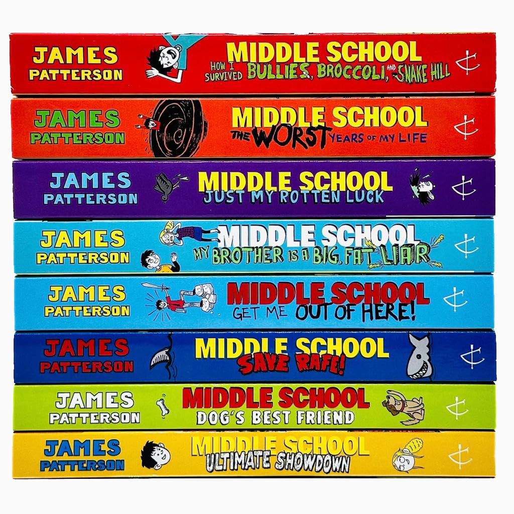 Cover artwork for the James Patterson Middle School 8 Books Collection Set paperback, ages 9-12