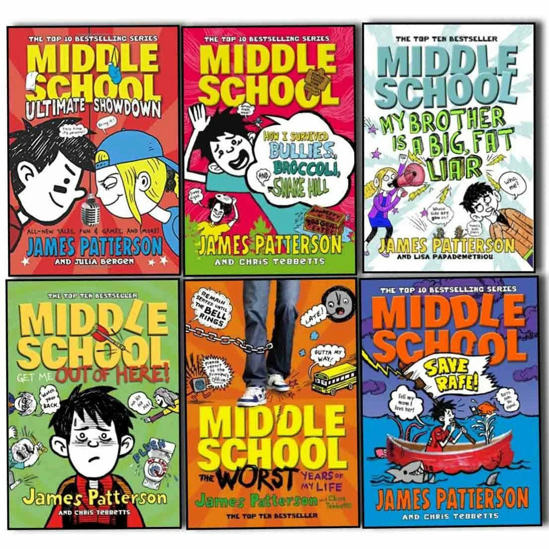 Middle School by James Patterson 6 Books Collection Set - Ages 9-12 - Paperback - book spines and back covers