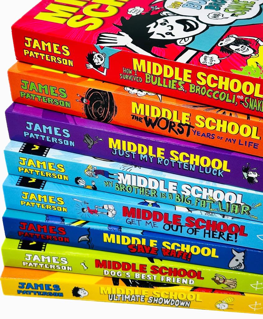 James Patterson Middle School series paperback books collection set, back cover view, ages 9-12