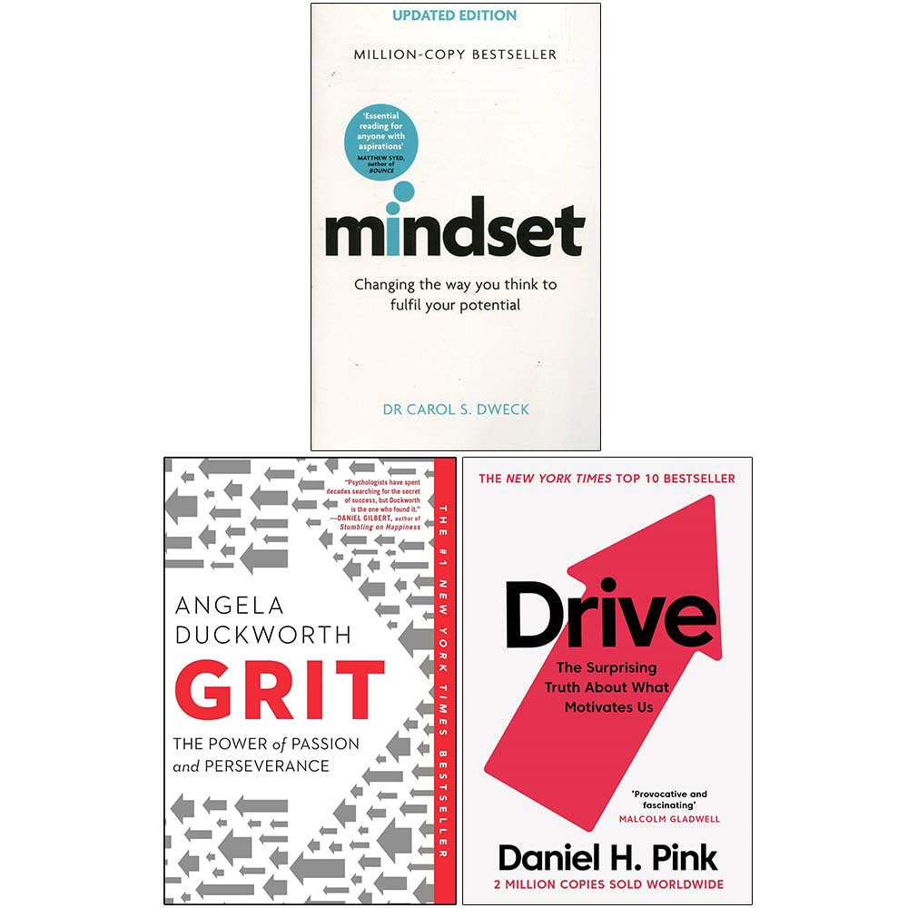 Mindset, Grit, Drive 3 Books Collection Set - paperback covers by Carol Dweck, Angela Duckworth and Daniel Pink