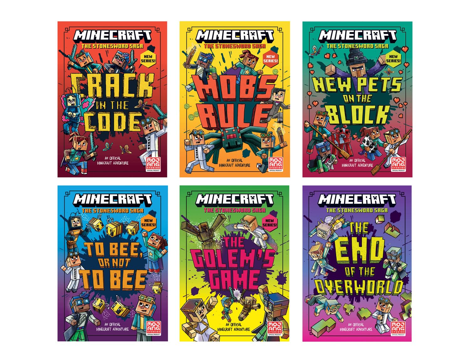 Minecraft Stonesword Saga 6 book hardback box set showing all titles, official Mojang illustrated fiction for kids ages 7-9