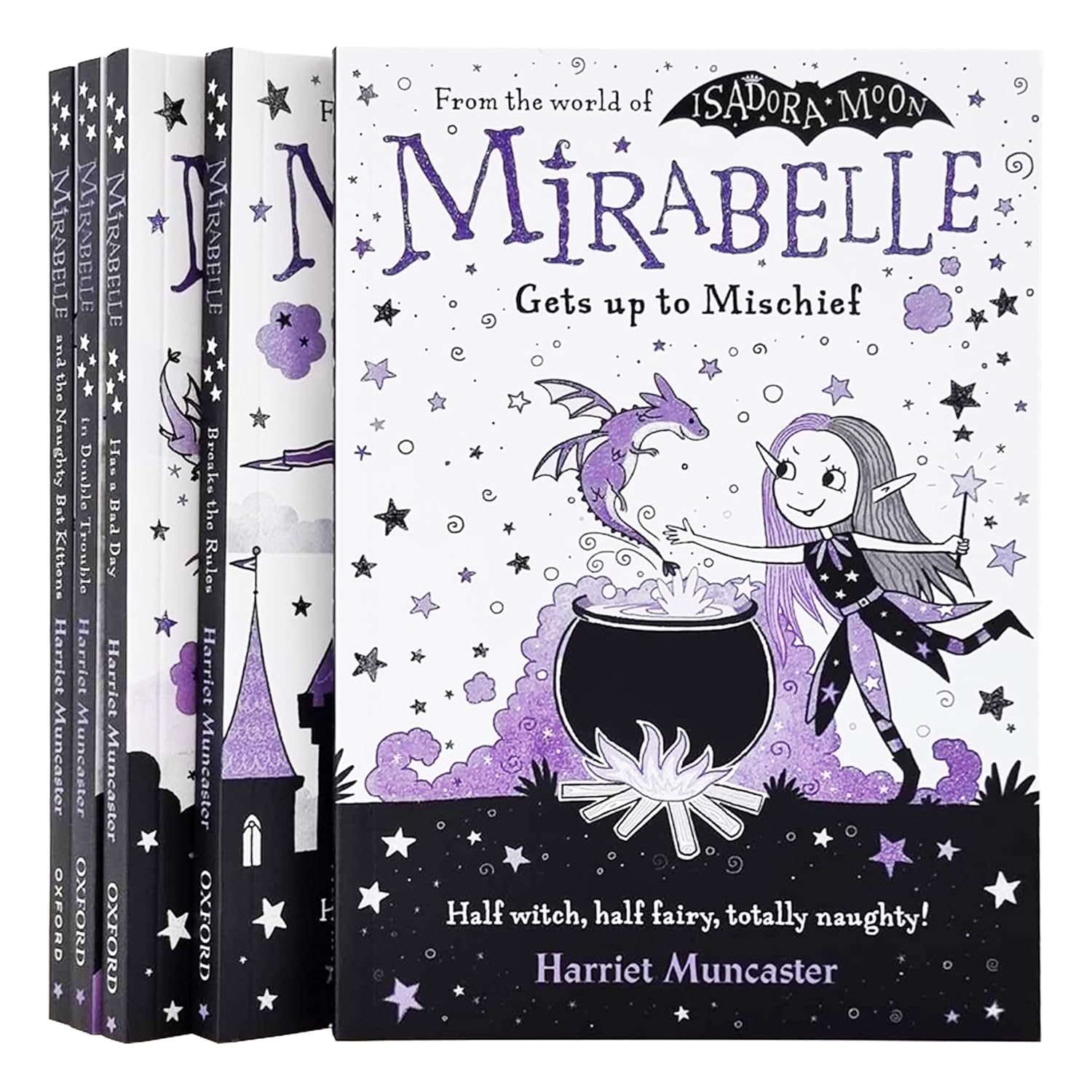 Mirabelle 5 Book Set paperback covers showing Mirabelle Gets up to Mischief and Mirabelle Breaks the Rules by Harriet Muncaster