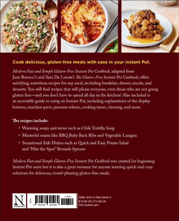Back cover of Modern Fast and Simple Gluten-Free Instant Pot Cookbook, paperback gluten-free Instant Pot recipes by Bonacci and De Leeuw