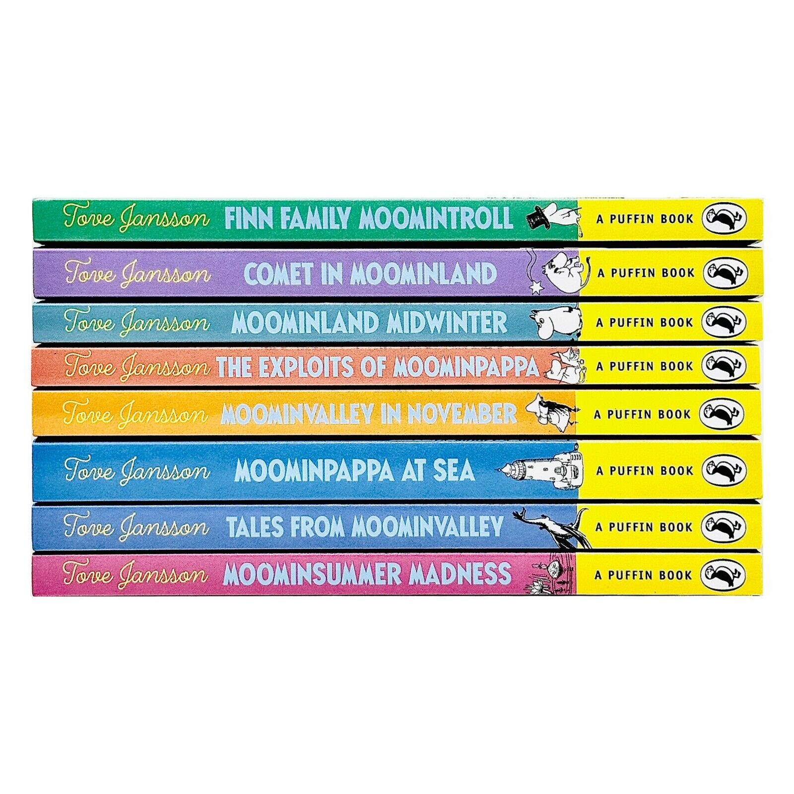 Moomintroll Series Books 1-8 Collection Set by Tove Jansson - full set of 8 paperback book spines and covers shown together
