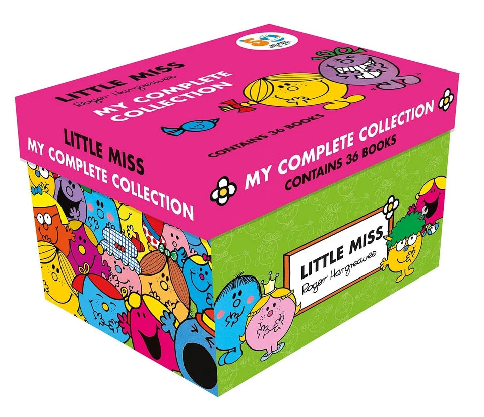 Close-up of Mr Men and Little Miss paperback book spines from the 84 books collection set by Roger Hargreaves