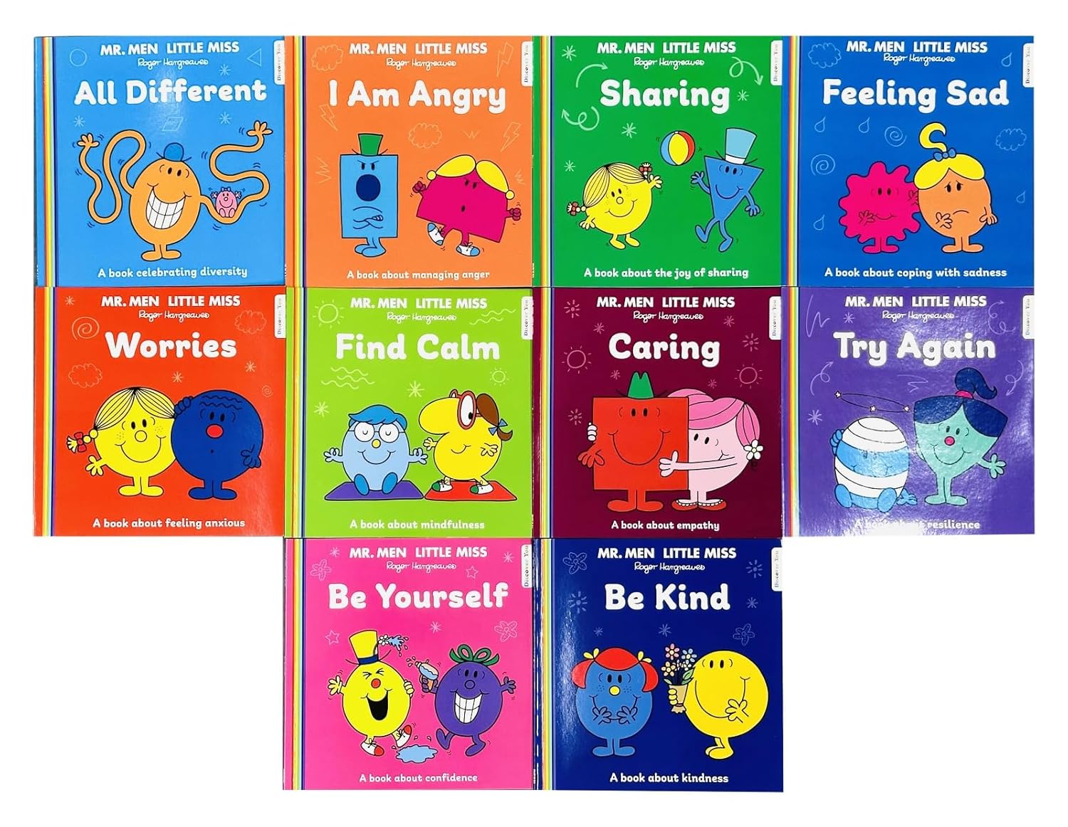 Inside pages of Mr Men and Little Miss Discover You paperback books showing illustrations and characters