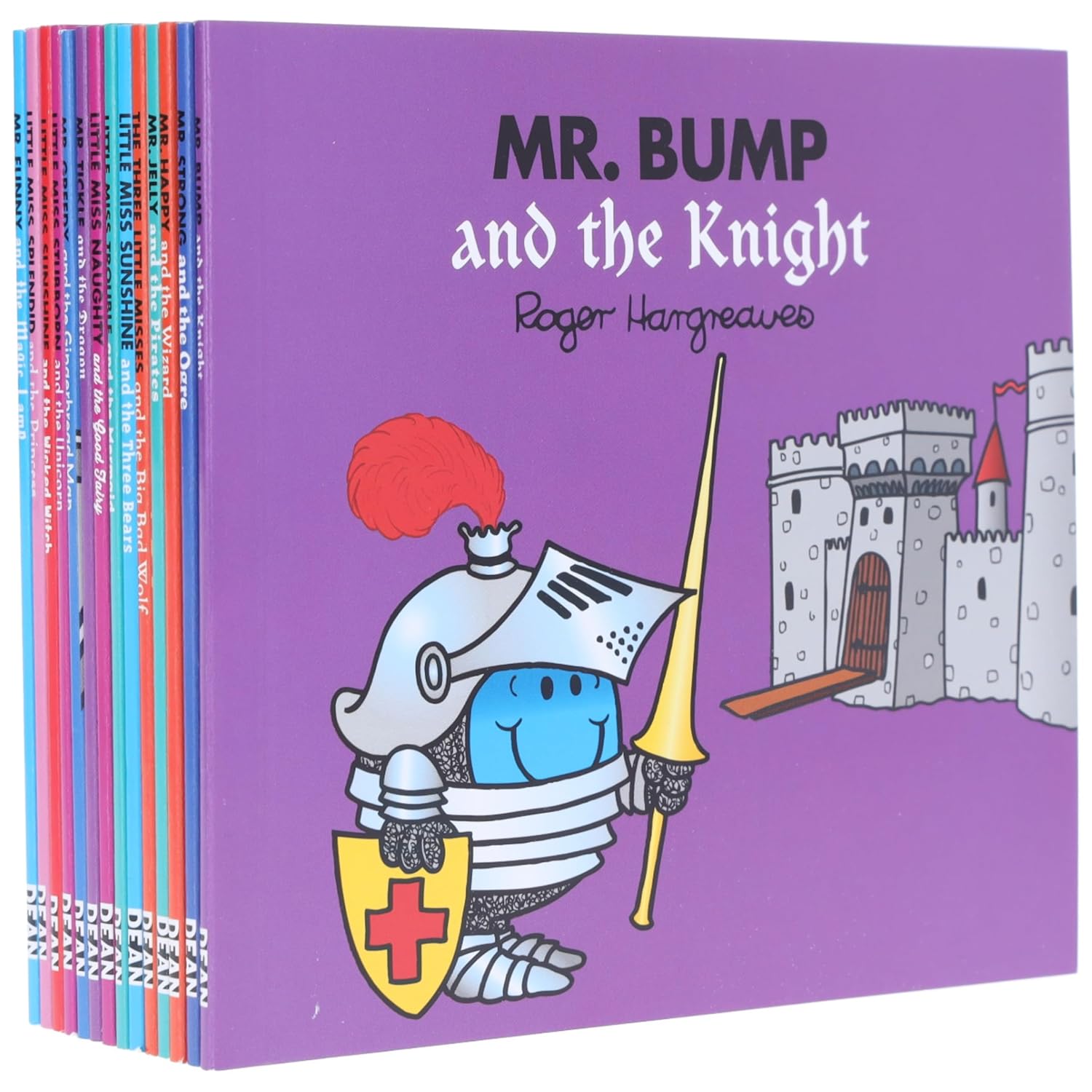 Spines of the 14 paperback books in the Mr. Men Little Miss Magic Collection box set
