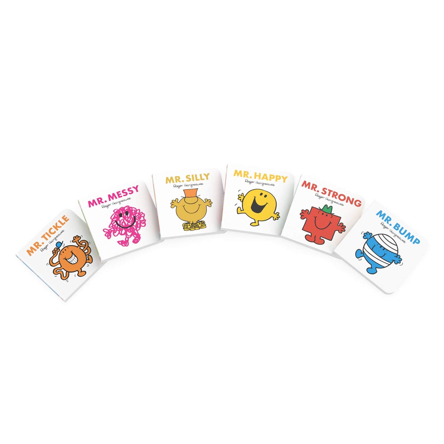 Mr. Men Pocket Library board book set showing Mr Happy, Mr Messy, Mr Silly, Mr Bump, Mr Strong and Mr Tickle