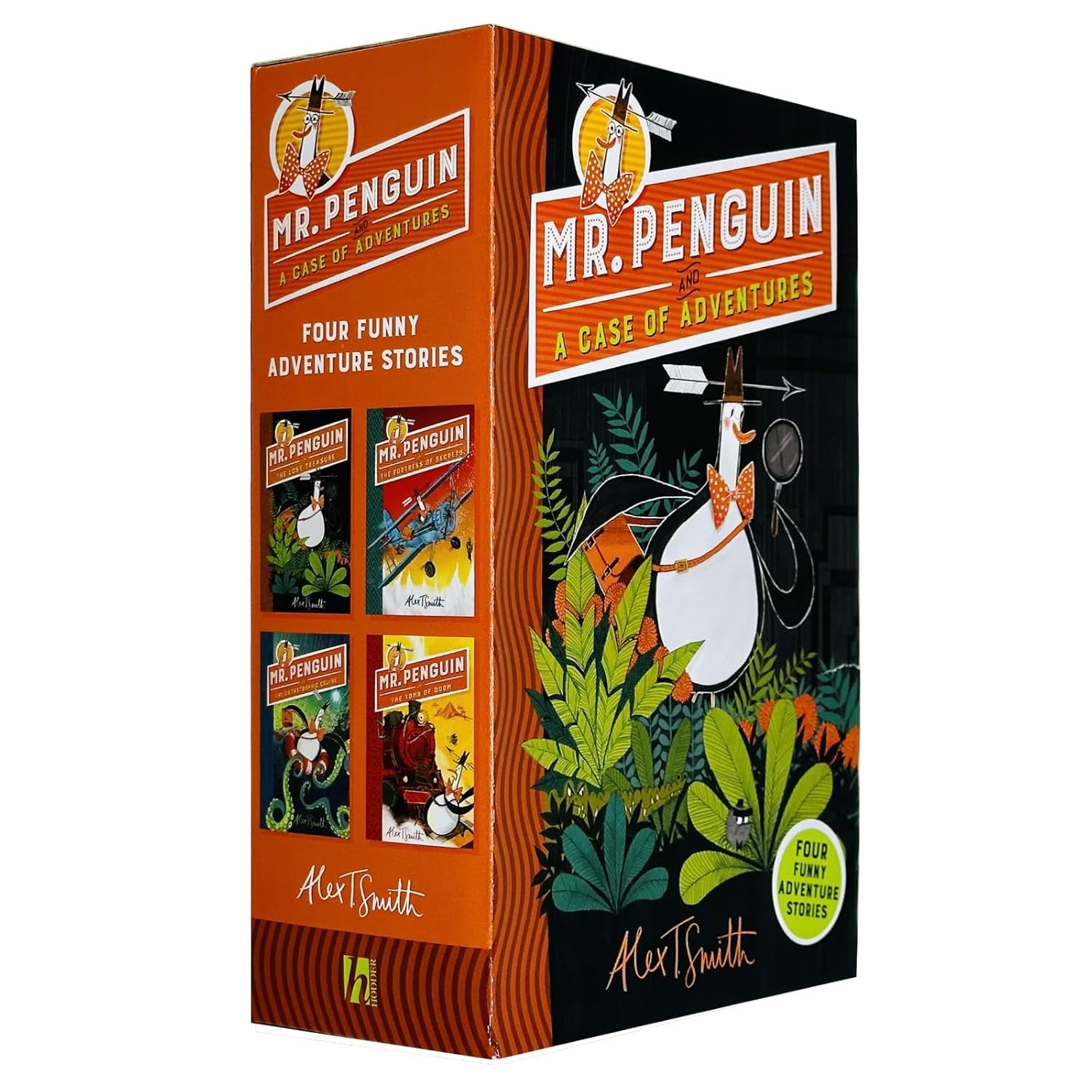 Close-up of Mr Penguin and the Fortress of Secrets and Tomb of Doom paperback covers by Alex T Smith
