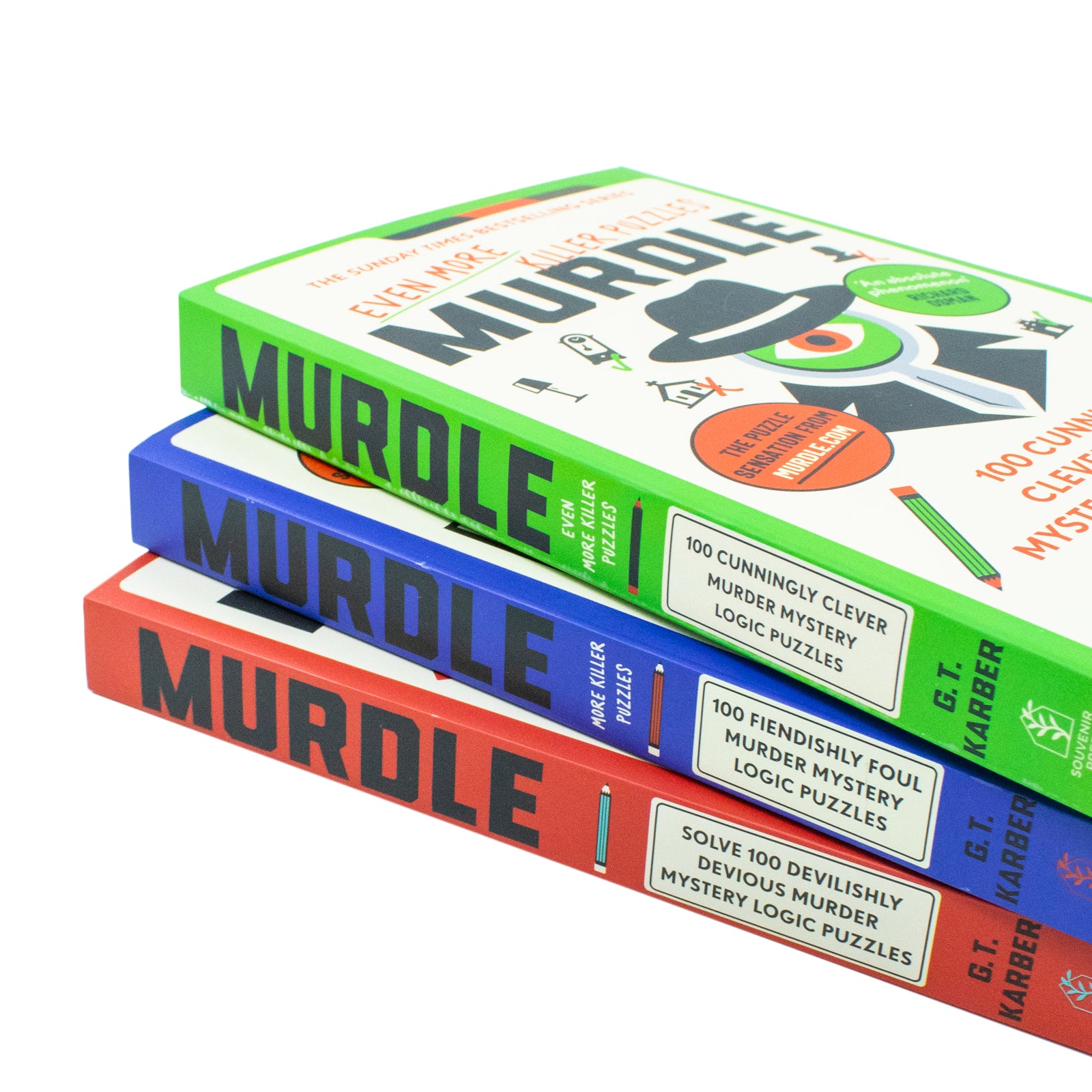 Back covers of Murdle Puzzle Series paperback books by G. T. Karber with blurb detail