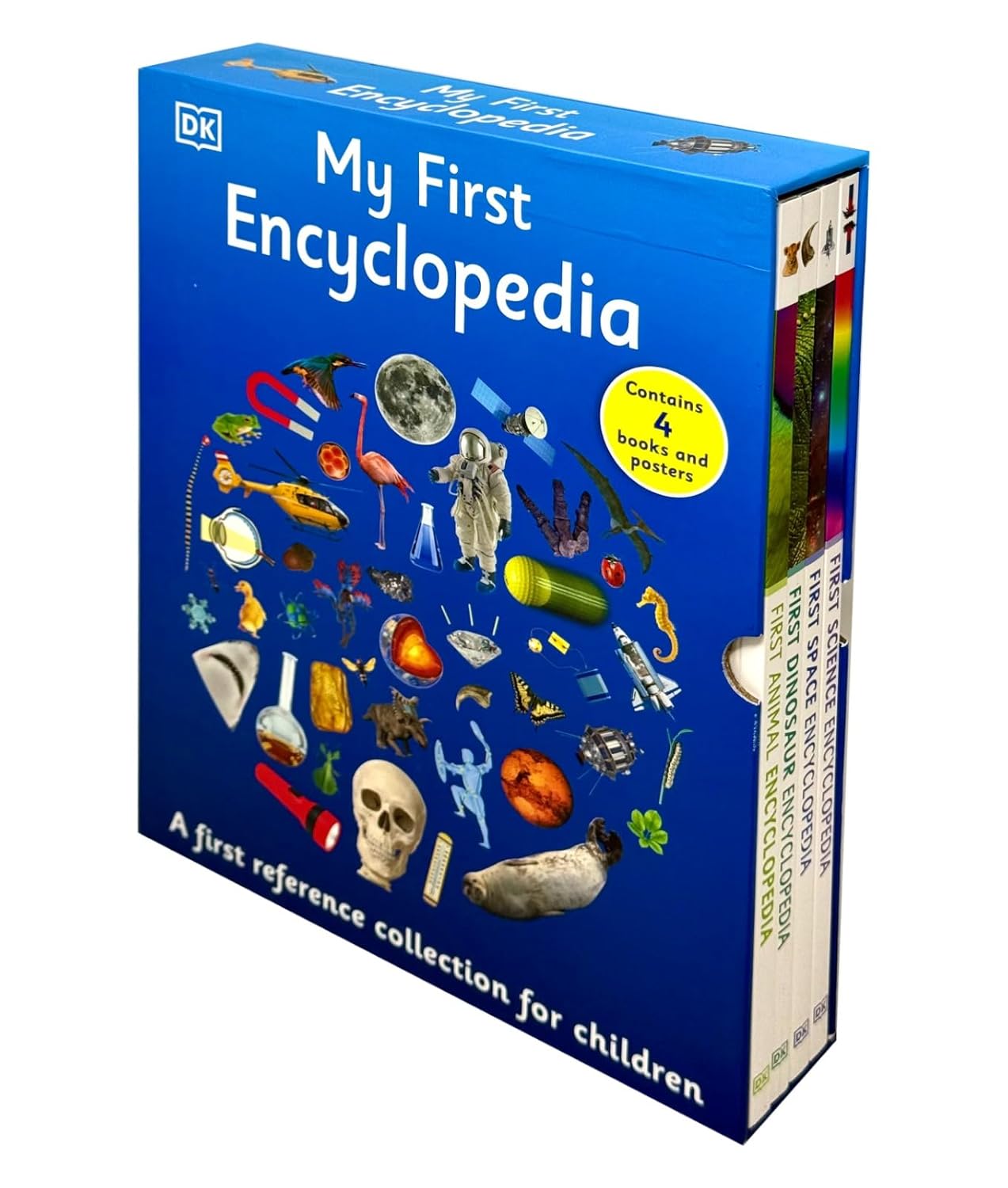 Inside pages of DK My First Encyclopedia paperback set, showing illustrated non-fiction spreads for ages 3-7