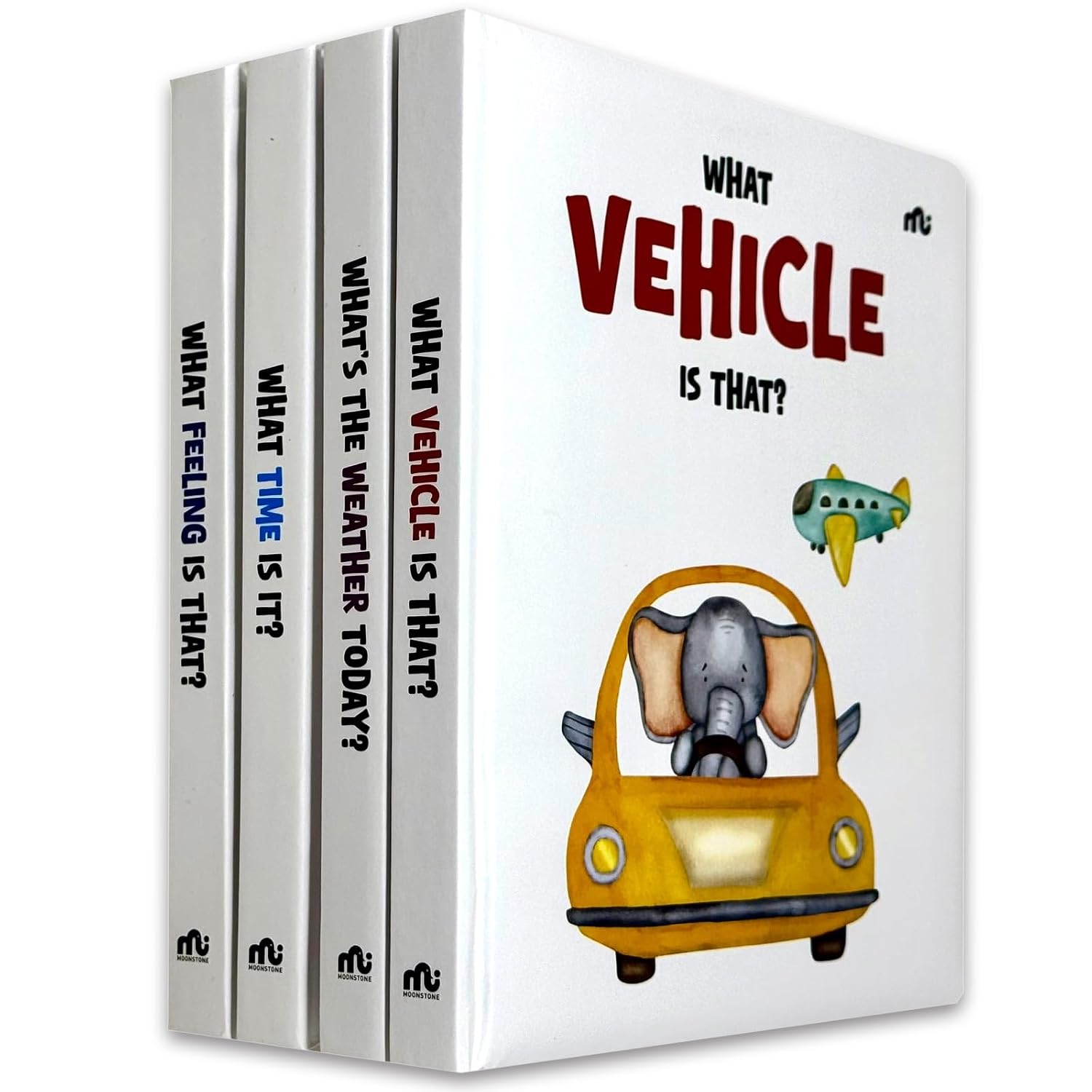 My First Learning 4 Books Collection Set by Moonstone board book cover, Vehicles Weather Time Feelings, Ages 0-3