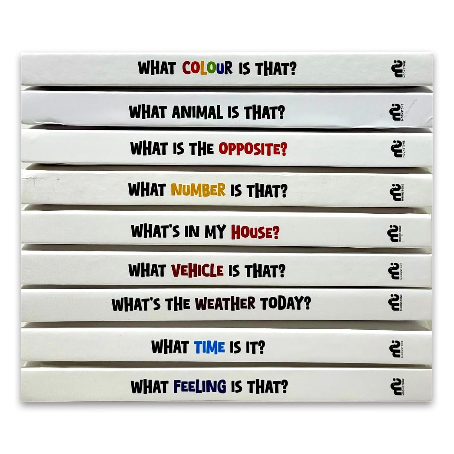 My First Learning board books by Moonstone showing Colours, Animals and Opposites titles