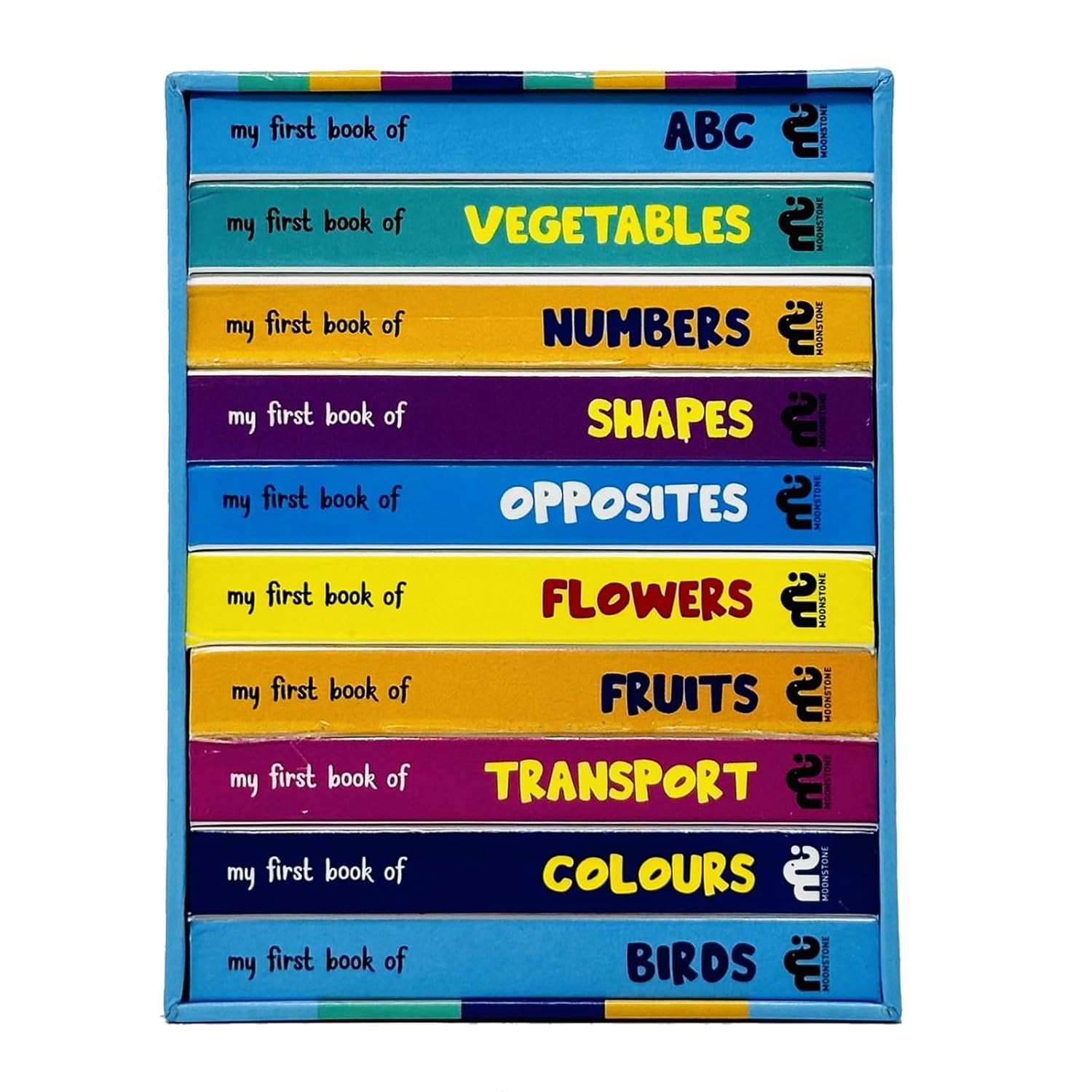 My First Library Box Set 1 - 10 Board Books Collection Set back cover showing topics: Birds, Colours, Transport, Fruits, Flowers, Opposites, Shapes, Numbers, Vegetables, ABC
