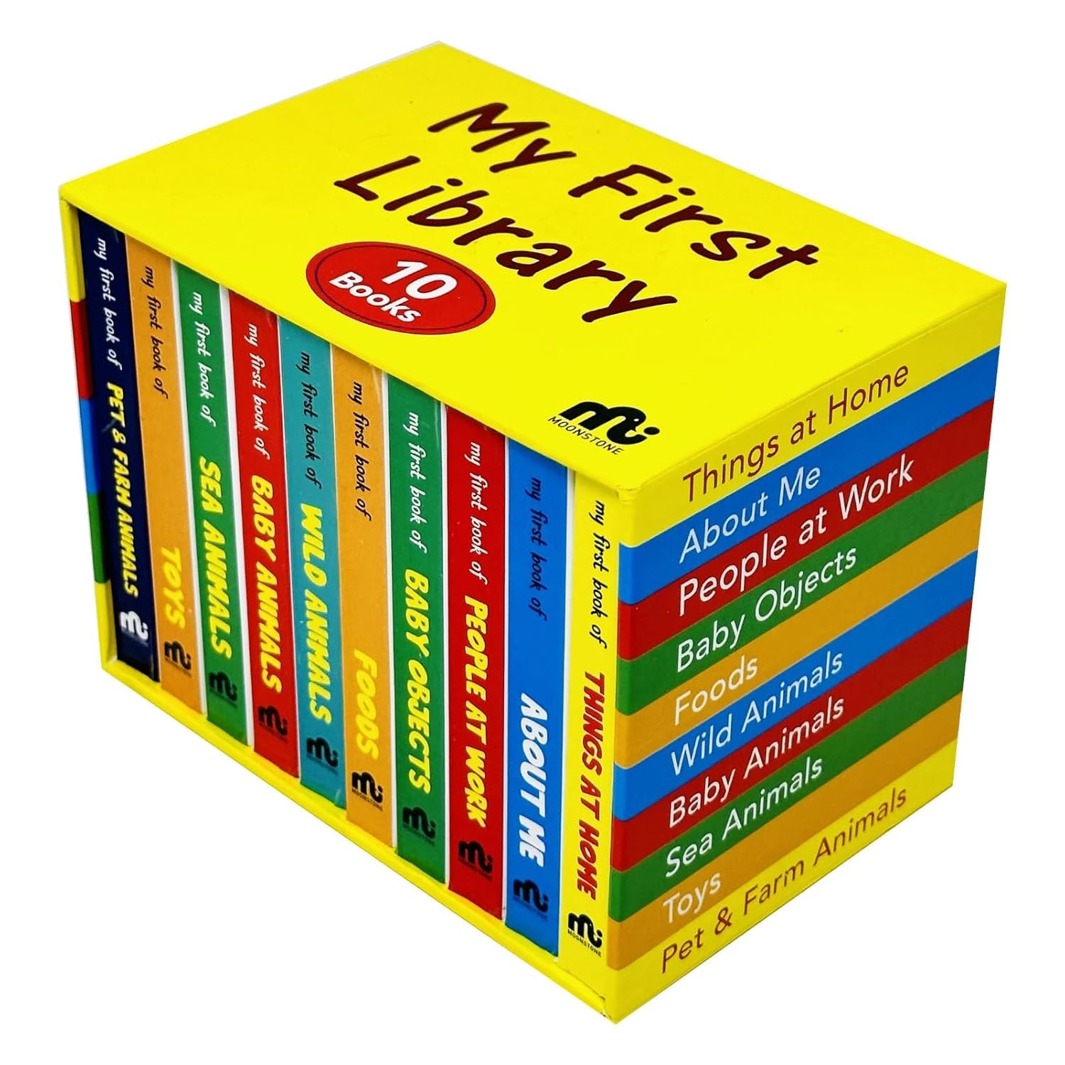 My First Library Box Set 2 - 10 Board Books Collection Set, back of box listing all ten titles including Wild Animals, Foods, Baby Objects and Things at Home, Ages 0-3