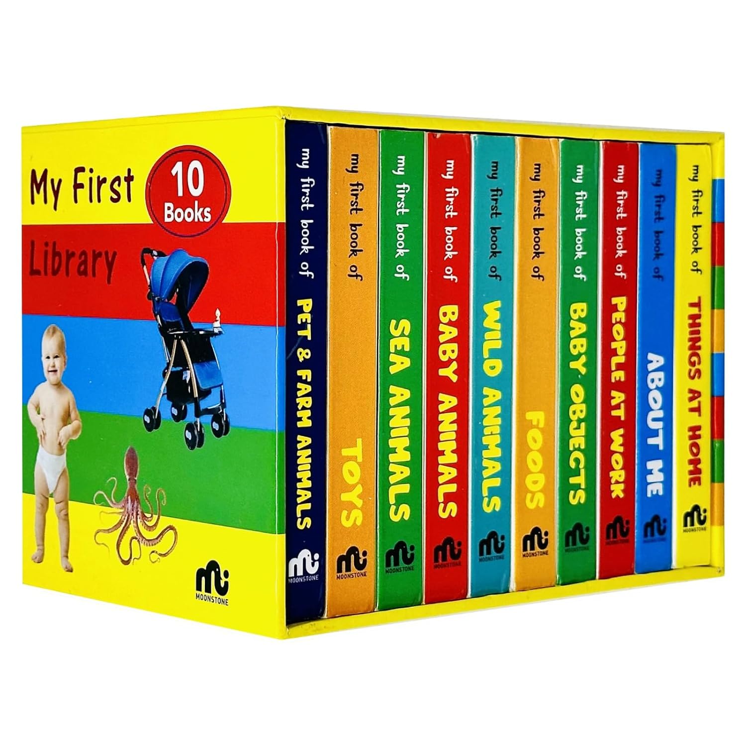 My First Library Box Set 2 - 10 Board Books Collection Set by Wonder House Books, front of box showing Pet & Farm Animals, Toys, Sea Animals and Baby Animals covers, Ages 0-3