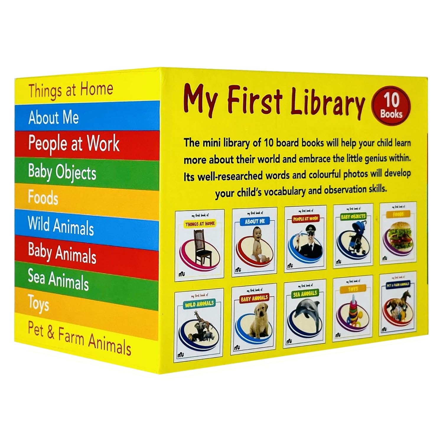Inside pages of My First Library Box Set 2 board books showing photo-based vocabulary spreads for babies and toddlers