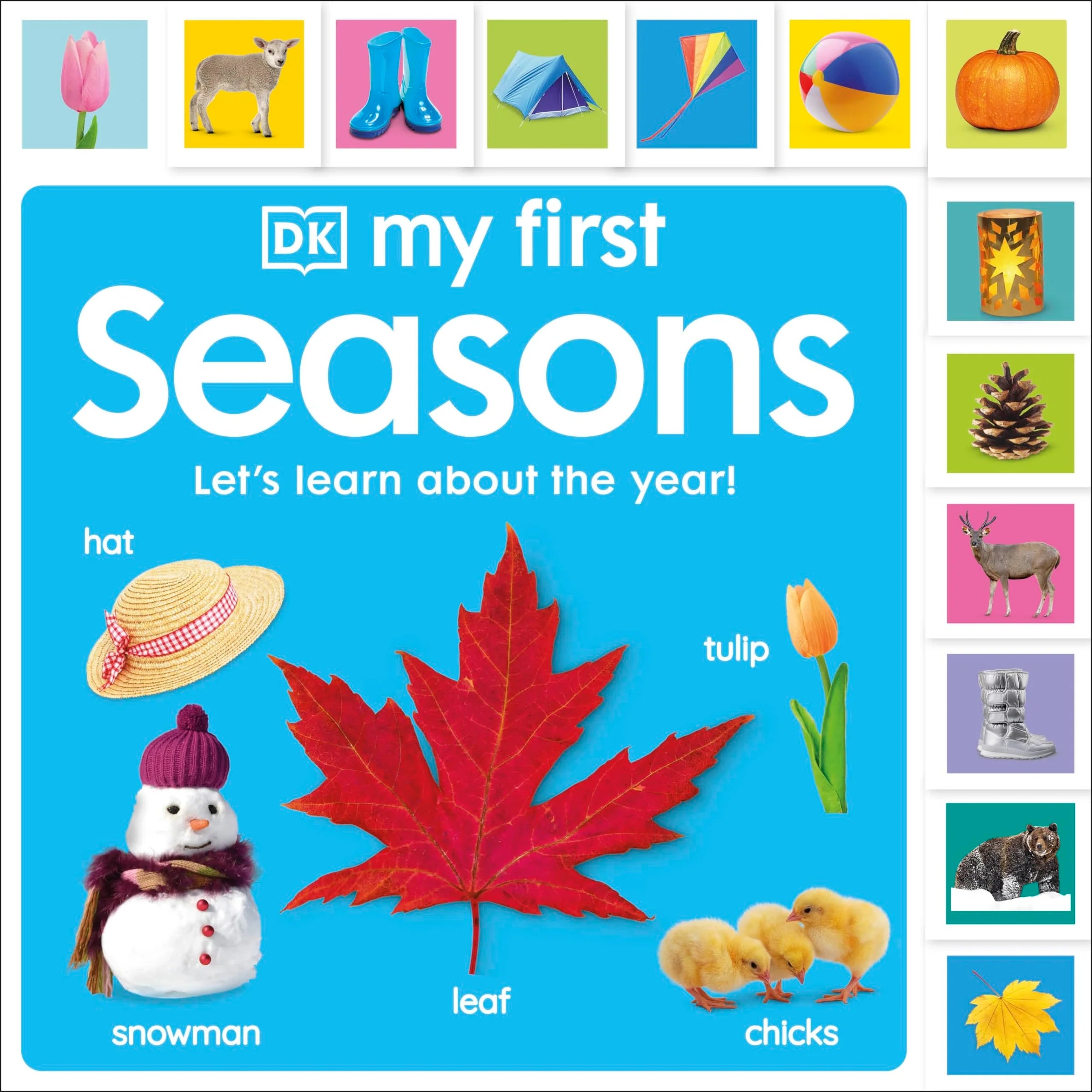 My First Seasons by DK board book showing tabbed pages with spring, summer, autumn and winter photographs