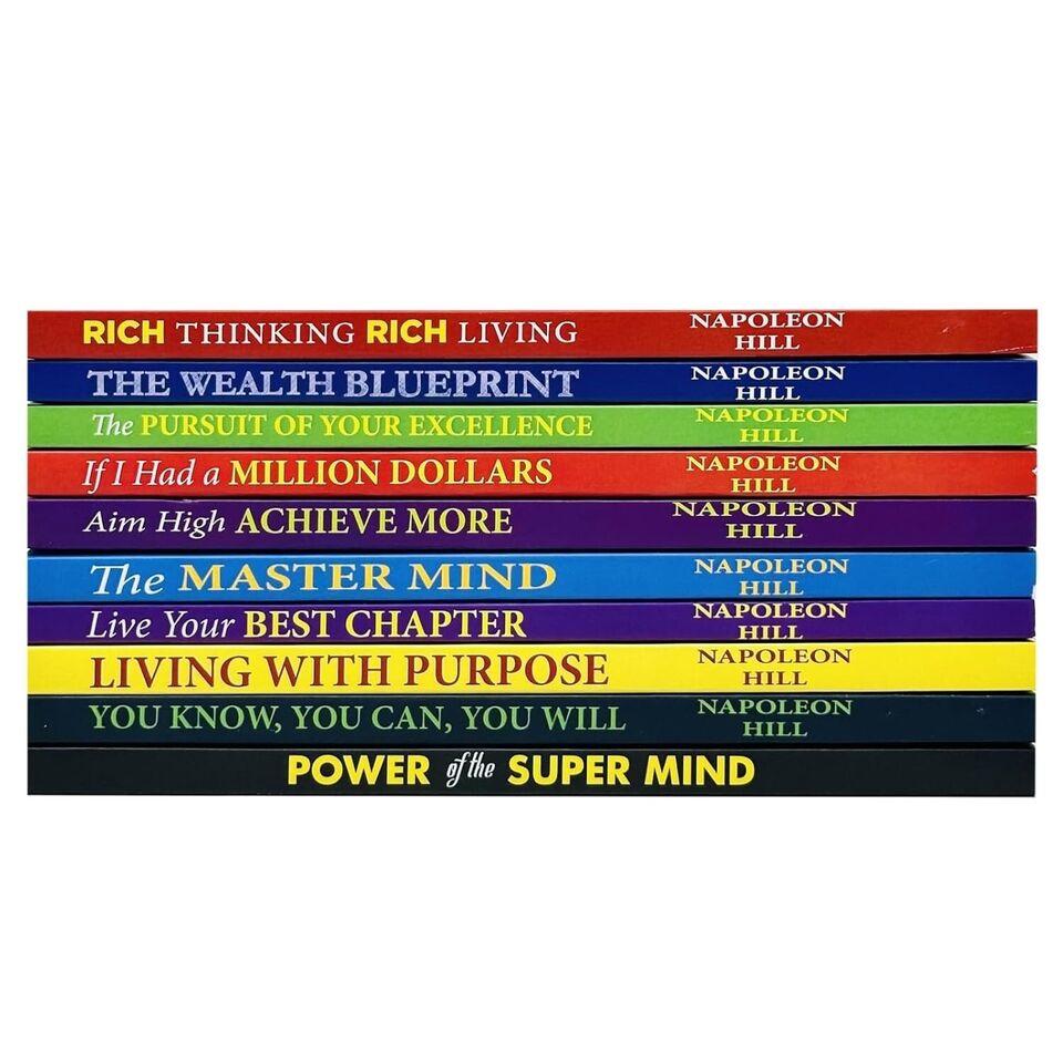 Napoleon Hill Collection paperback book set featuring Rich Thinking Rich Living, The Master Mind and more