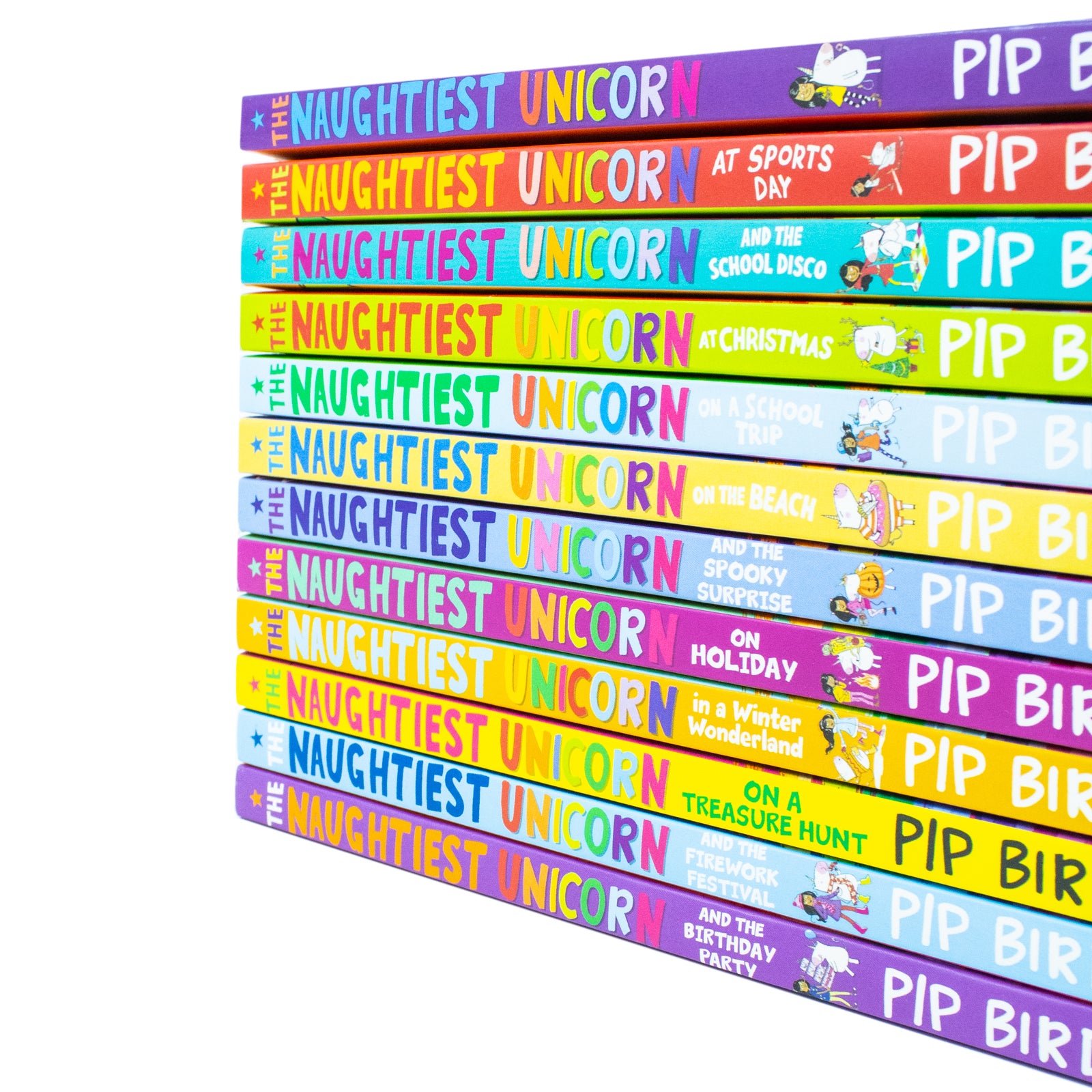 The Naughtiest Unicorn 12 Book Set by Pip Bird - stacked paperback books for children ages 5-7