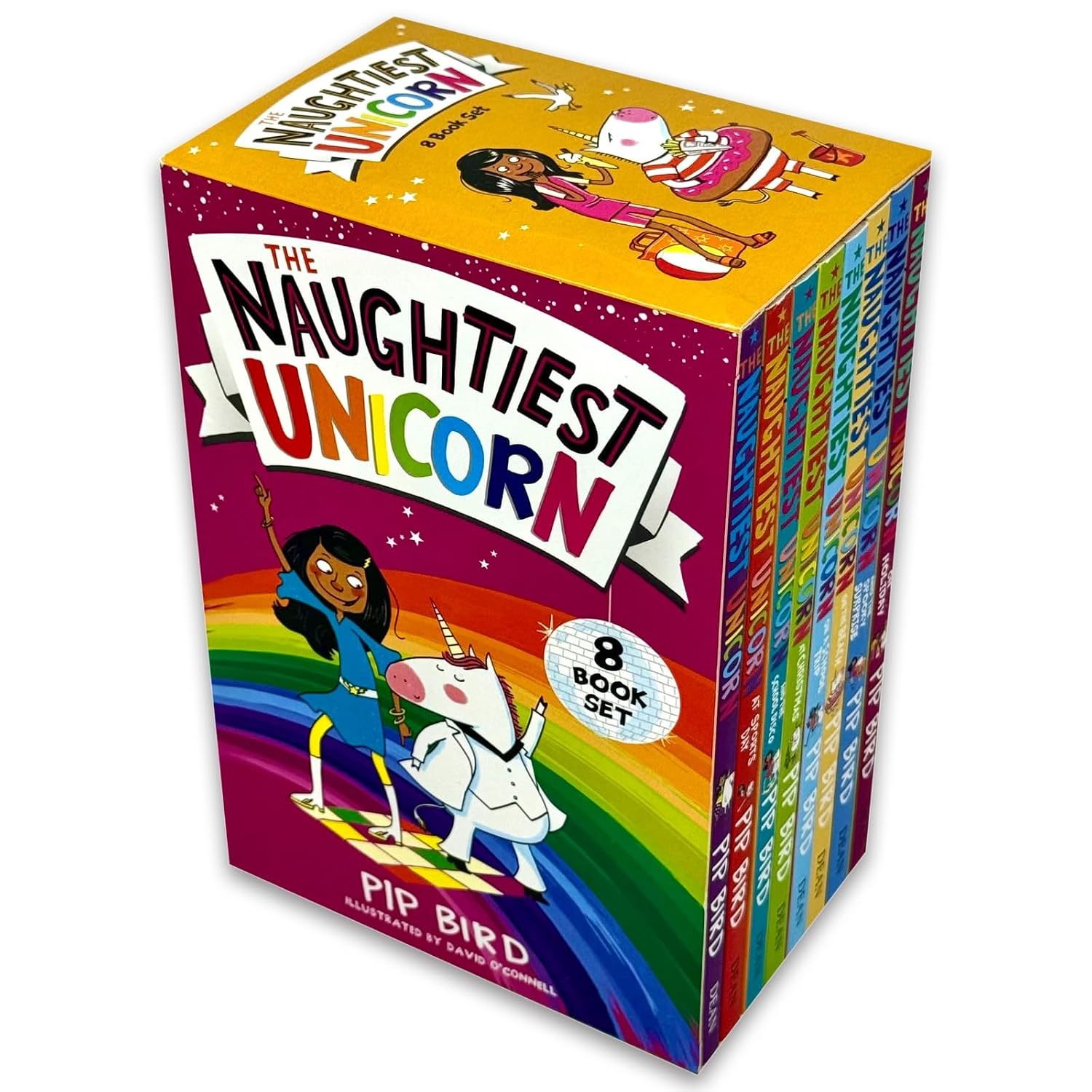 The Naughtiest Unicorn and the School Disco paperback book cover by Pip Bird