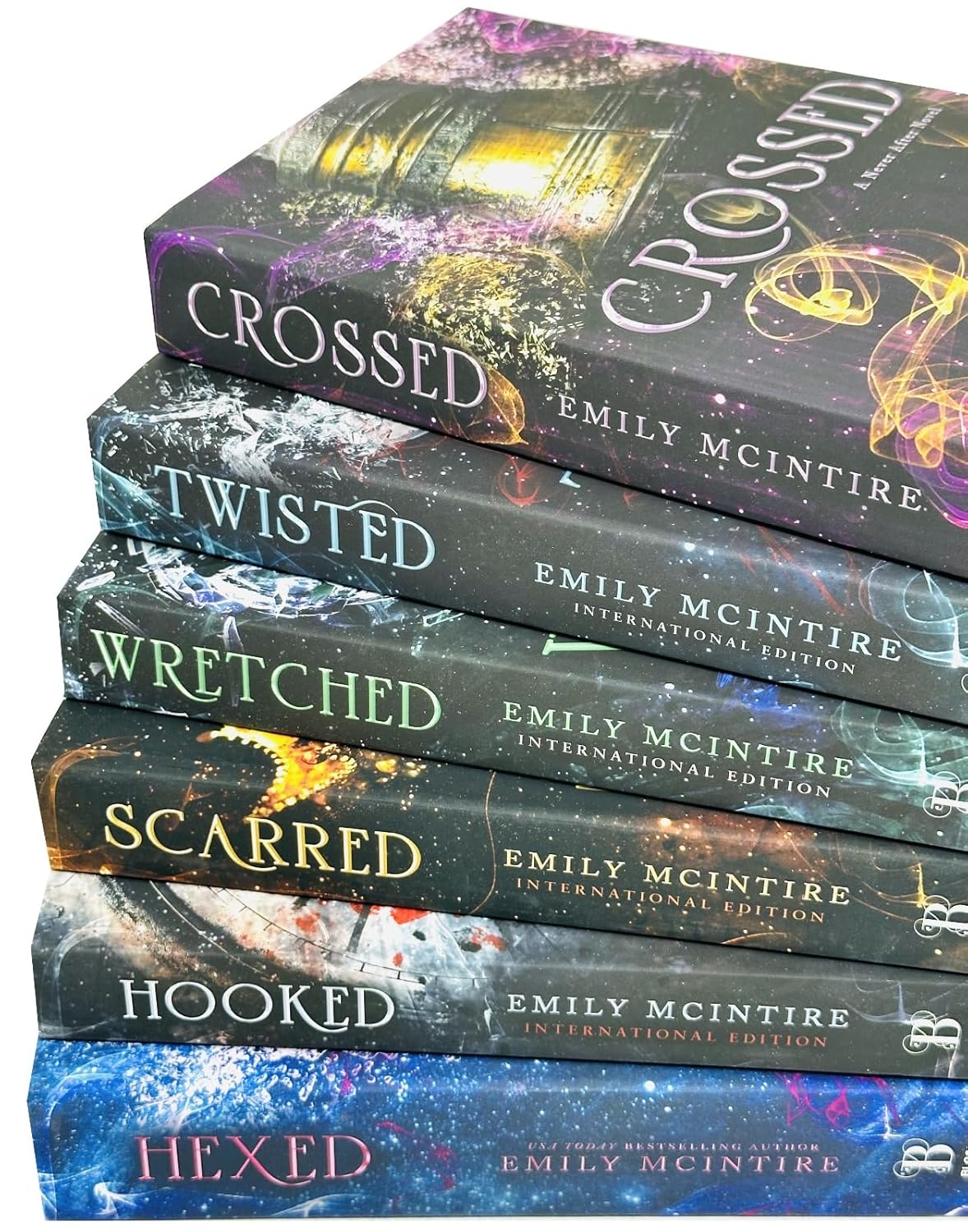 Never After Series 6 book paperback set by Emily McIntire showing Hexed, Hooked, Scarred, Wretched, Twisted and Crossed