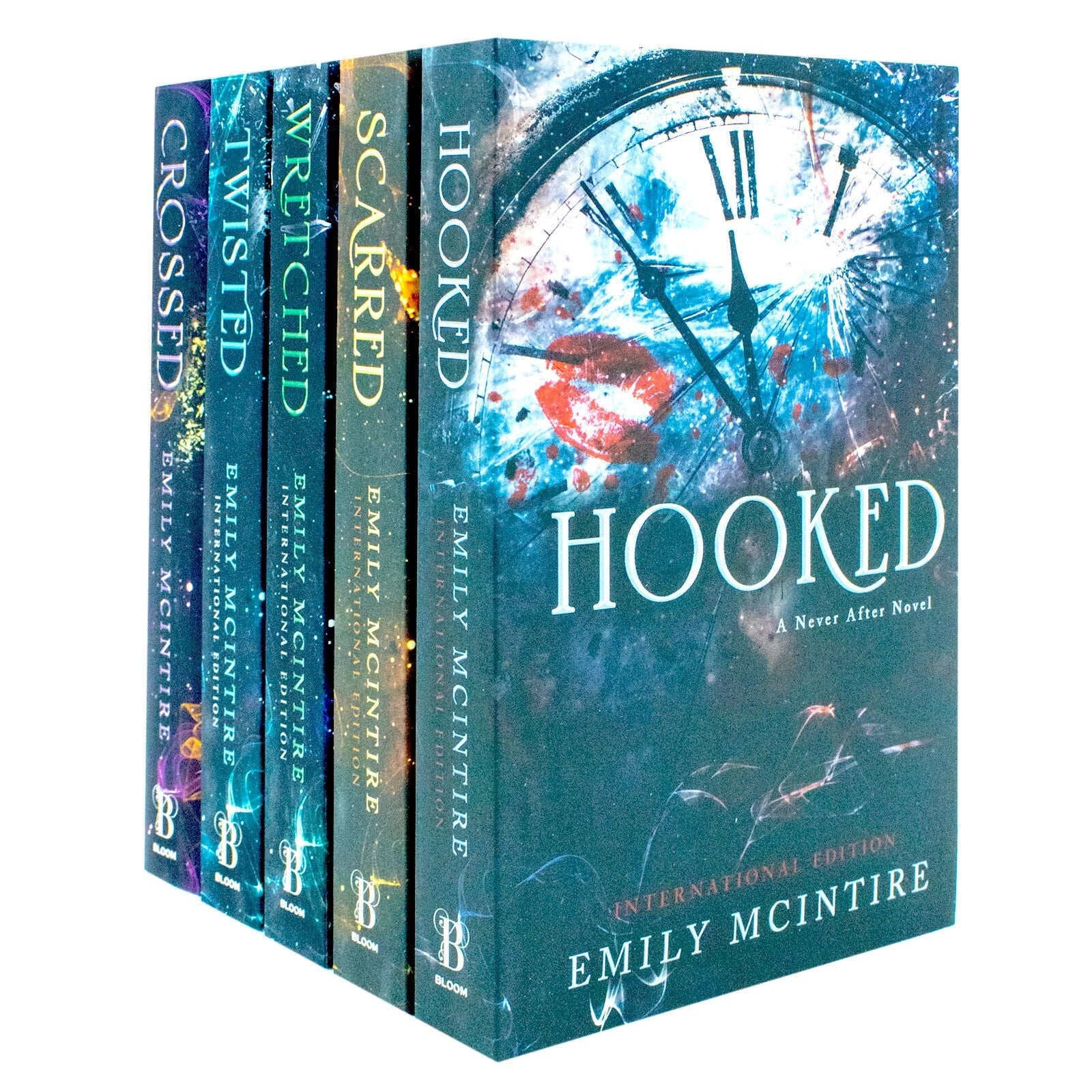 Never After Series by Emily McIntire 5 book paperback collection set featuring Hooked, Scarred, Twisted, Wretched and Crossed